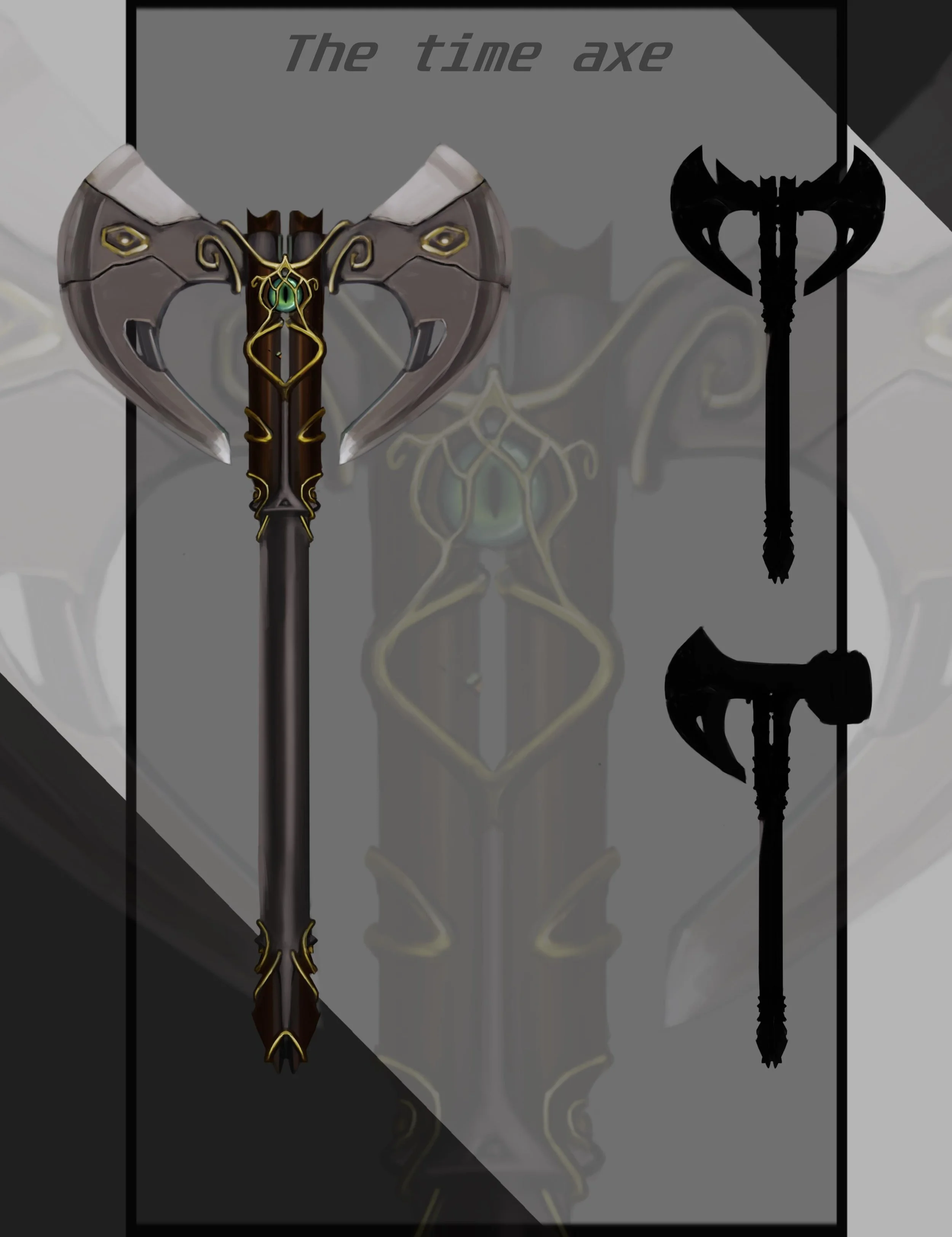 Digital illustration of a fantasy-style battle axe called 'The time axe', showing a detailed, decorated axe with a heart-shaped blade, golden embellishments, and a dark wooden handle. Two additional silhouettes of similar axes are visible on the righ