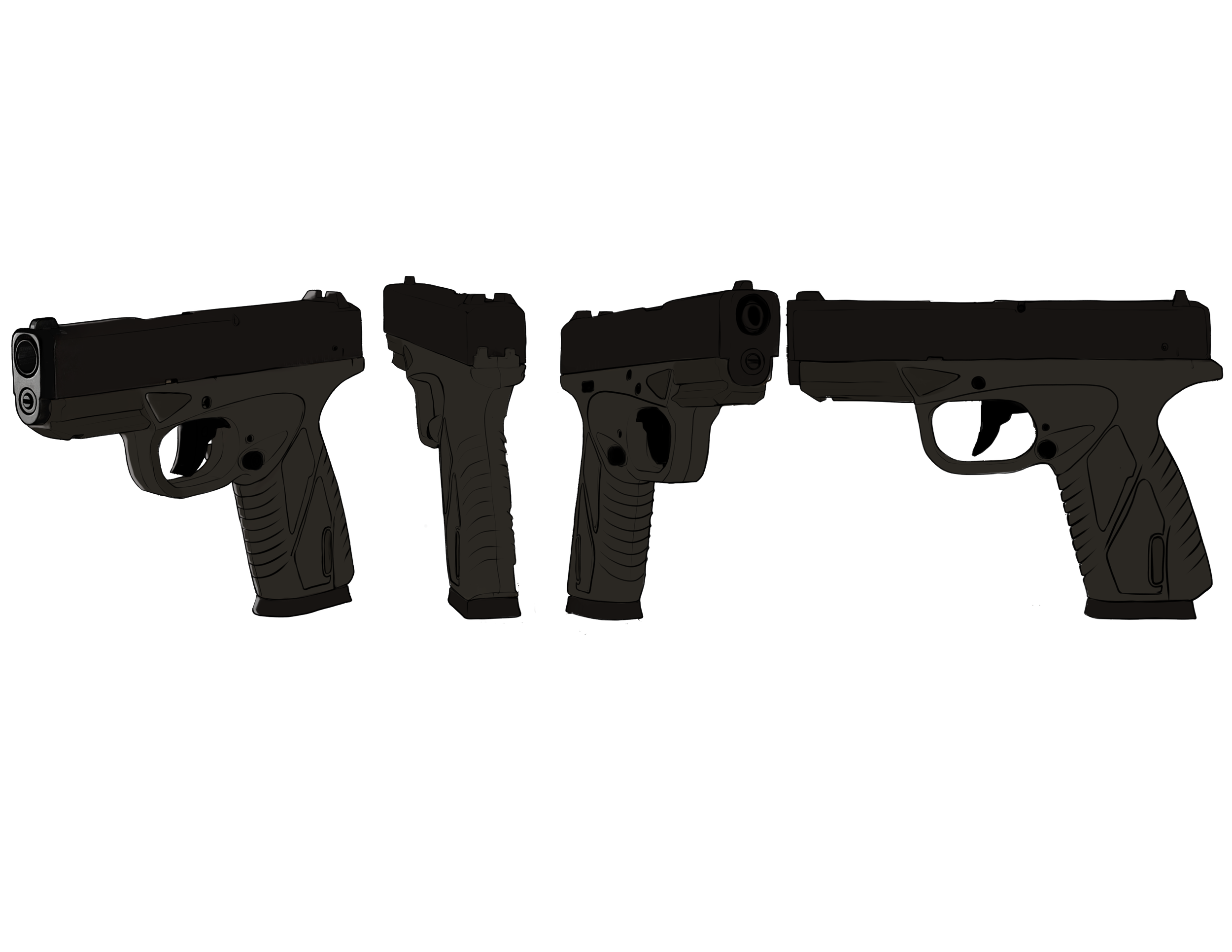 Four semi-automatic handguns in a row, black in color, viewed from the side.
