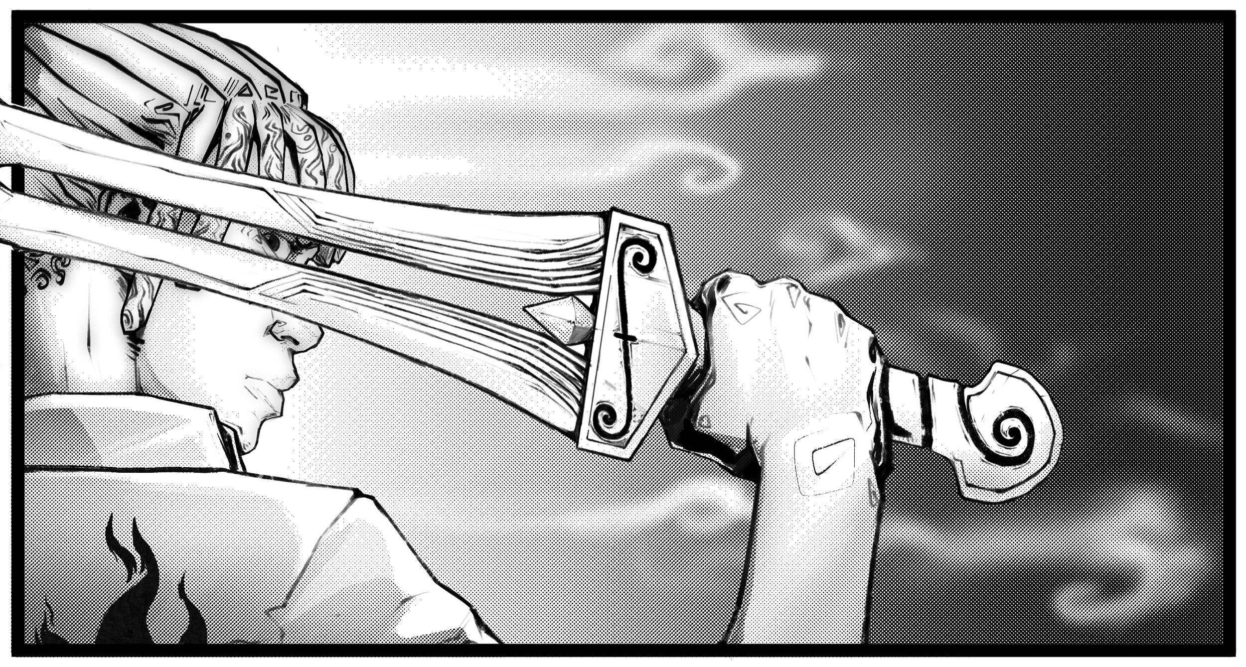 Black and white manga-style drawing of Ayiwe, holding a sword on his shoulder, looking to the side, with a cloudy sky background.