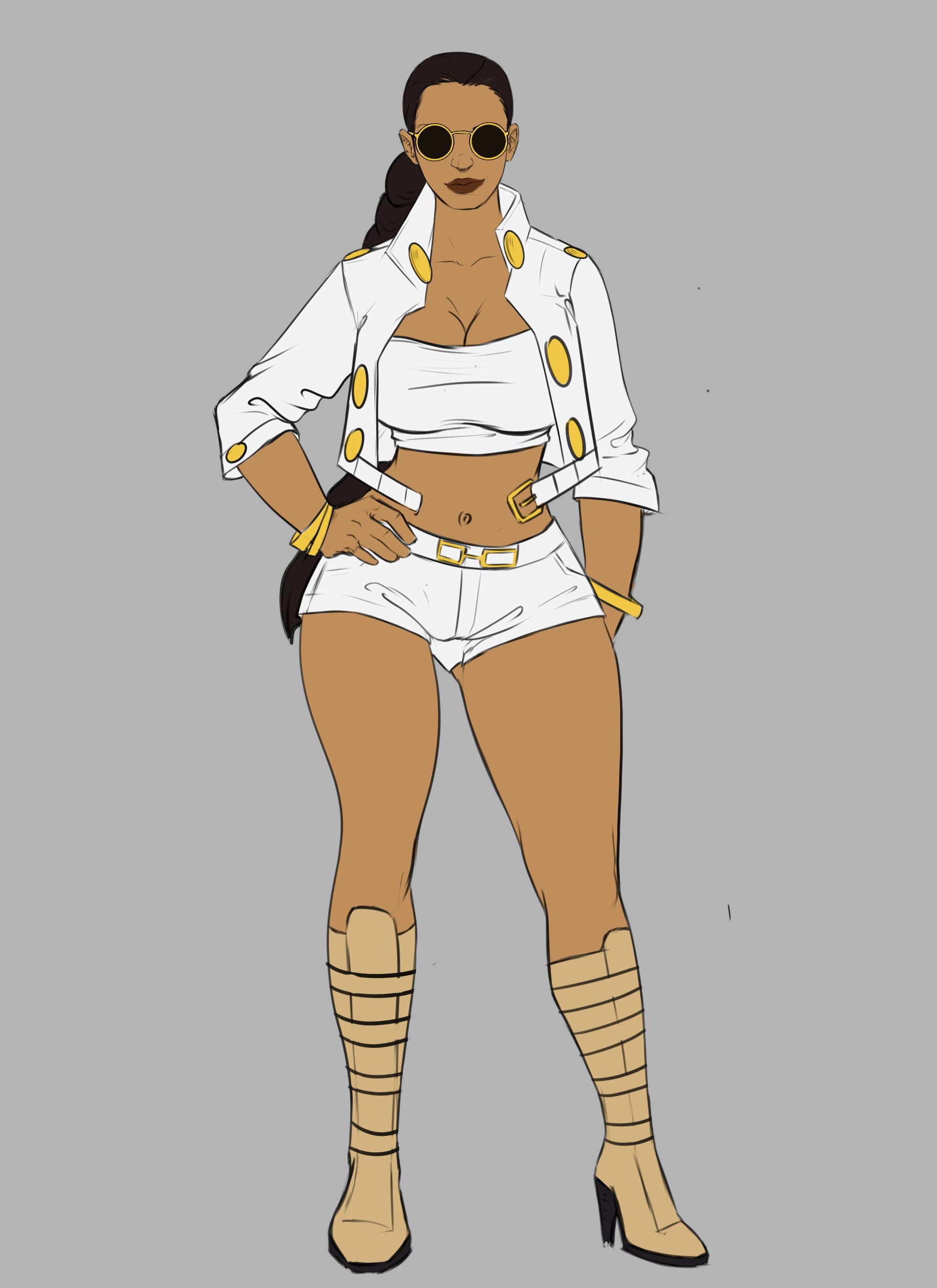 Stylized digital illustration of a confident woman wearing sunglasses, a white cropped jacket with gold accents, a white crop top, white shorts, tan knee-high boots, and various gold accessories.