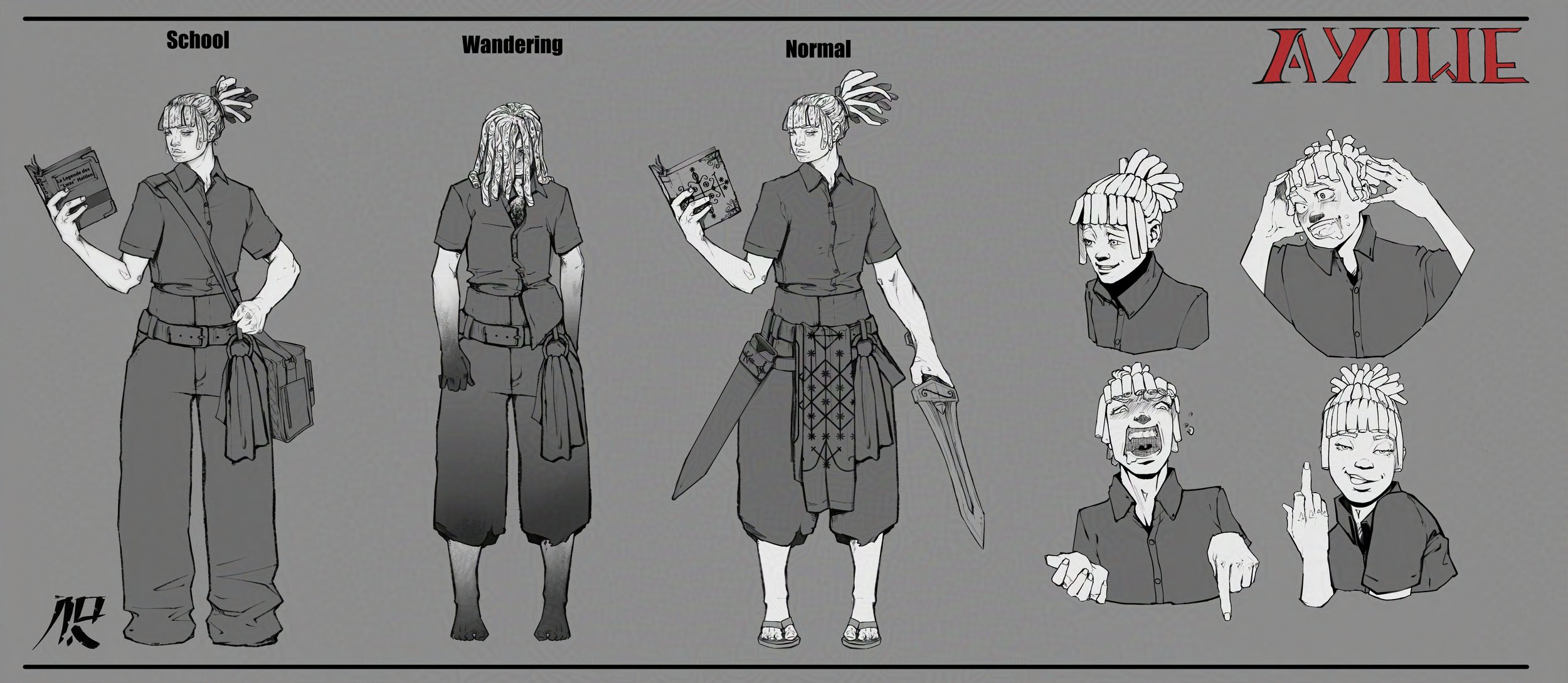 Illustration showing different expressions of a young person with dreadlocks and shirt, titled 'AYLIE'. The expressions illustrate a progression from school to wandering to normal and then emotional reactions.