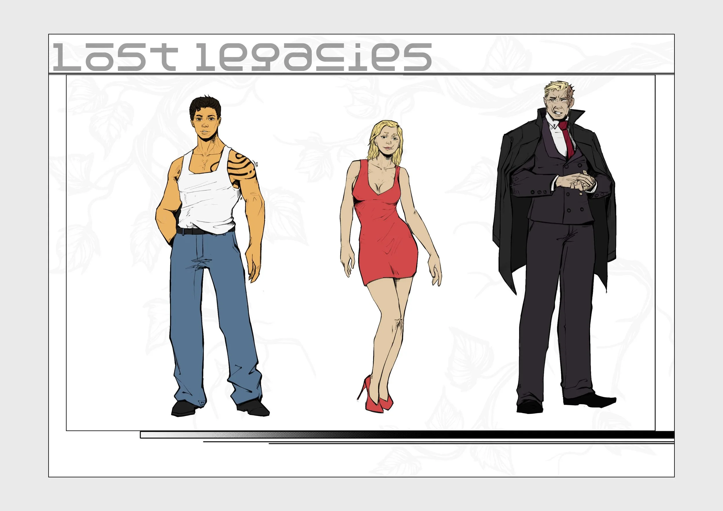 Illustration of three characters standing side by side with the title 'Lost Legacies' above. The first character on the left is a woman with dark hair, wearing a white tank top, blue jeans, and black shoes. The middle character is a blonde woman in a