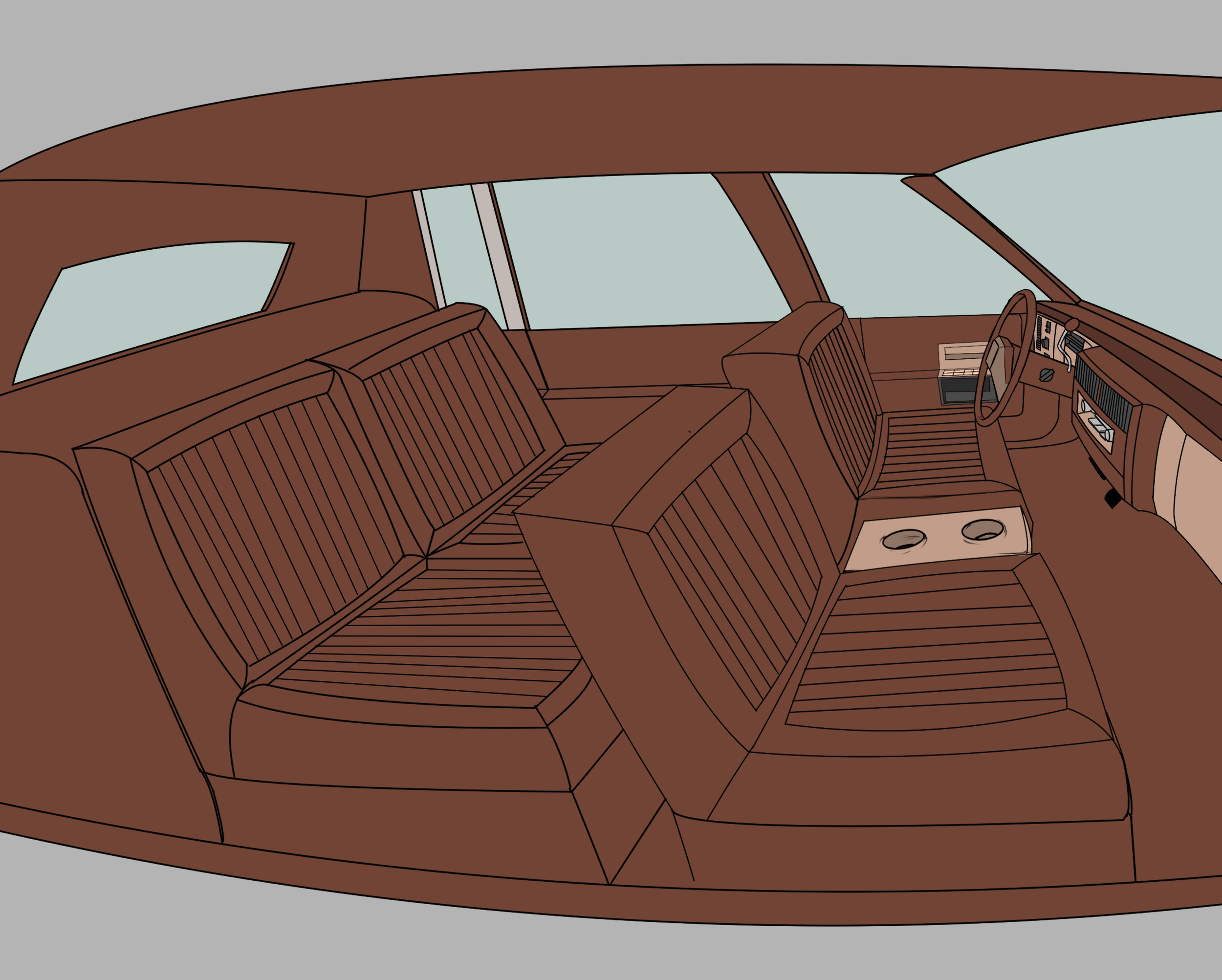 Drawing of the interior front seating area of a vintage car, showing brown leather seats, a dashboard with controls, and a steering wheel.