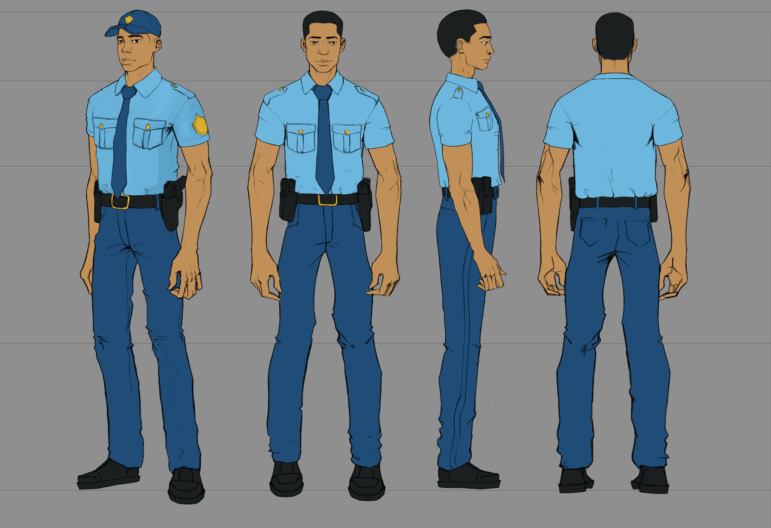 Digital illustration of a police officer in uniform shown from four angles: front, front-facing, side, and back. The officer wears a light blue shirt with shoulder epaulets, dark blue pants, a dark blue tie, and a dark belt with a holstered gun. The 