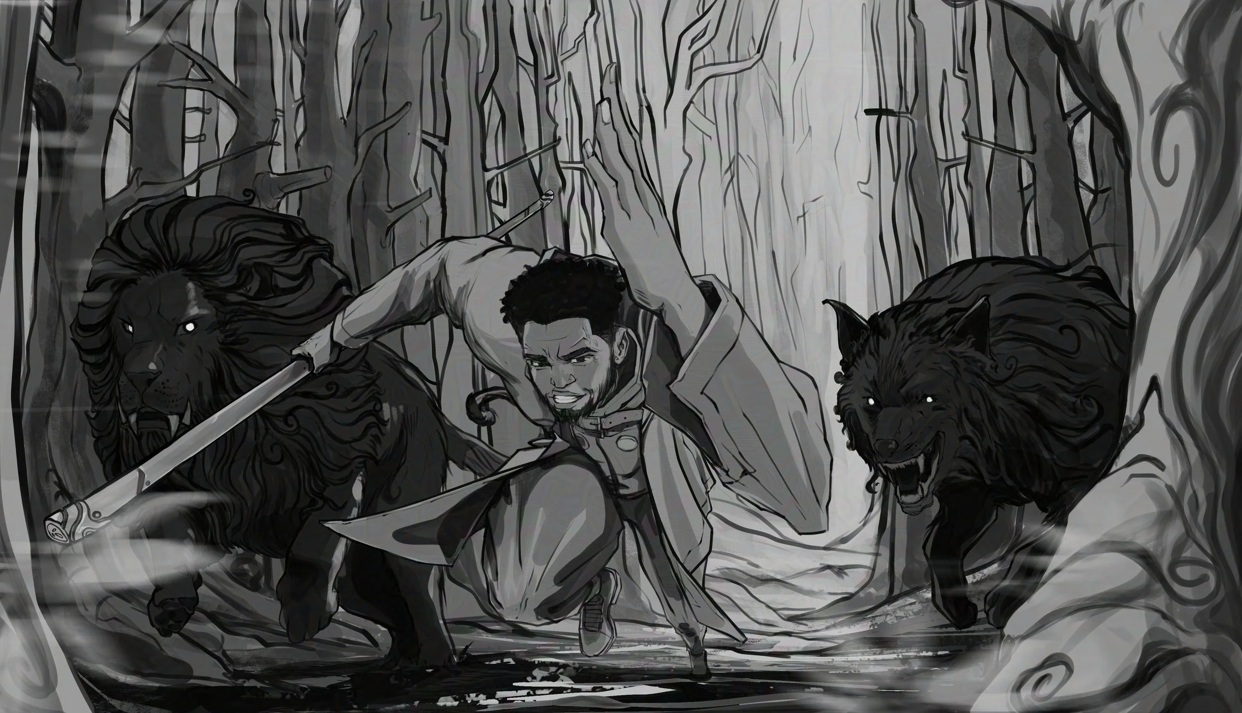 A man wearing a coat and pants is running in a dark, twisted forest while holding a spear, with two mythical creatures next to him.