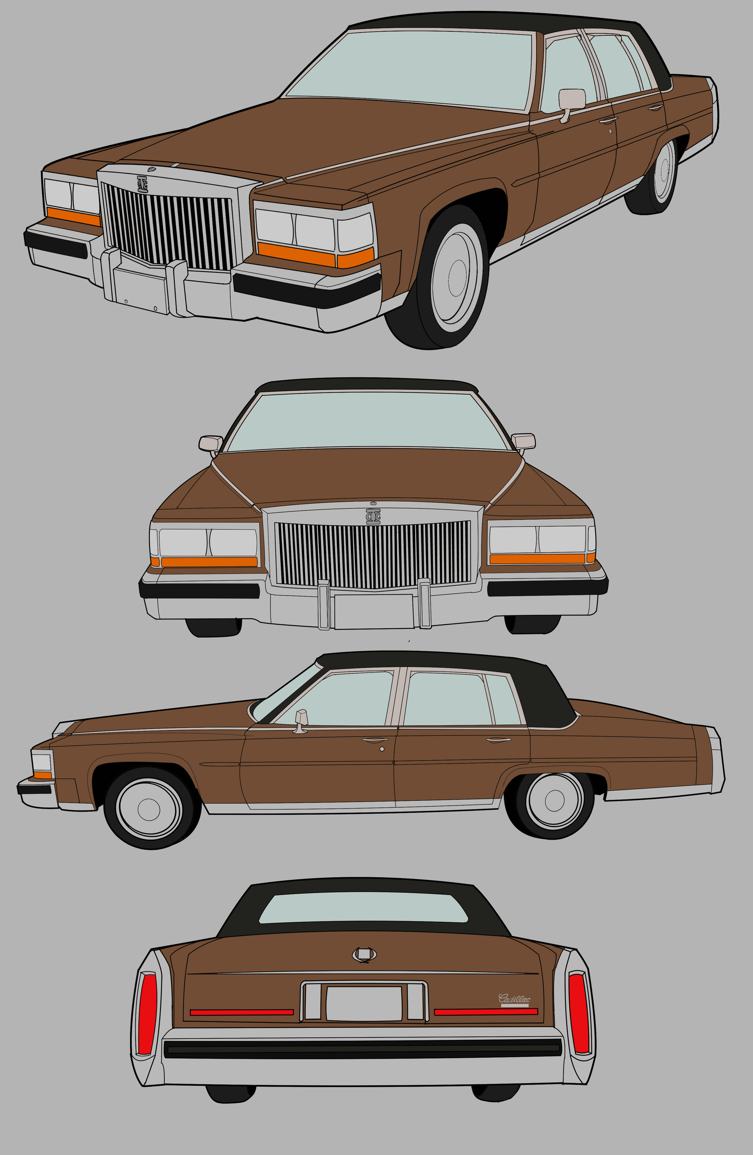 Illustration of a vintage Cadillac car shown from multiple angles.