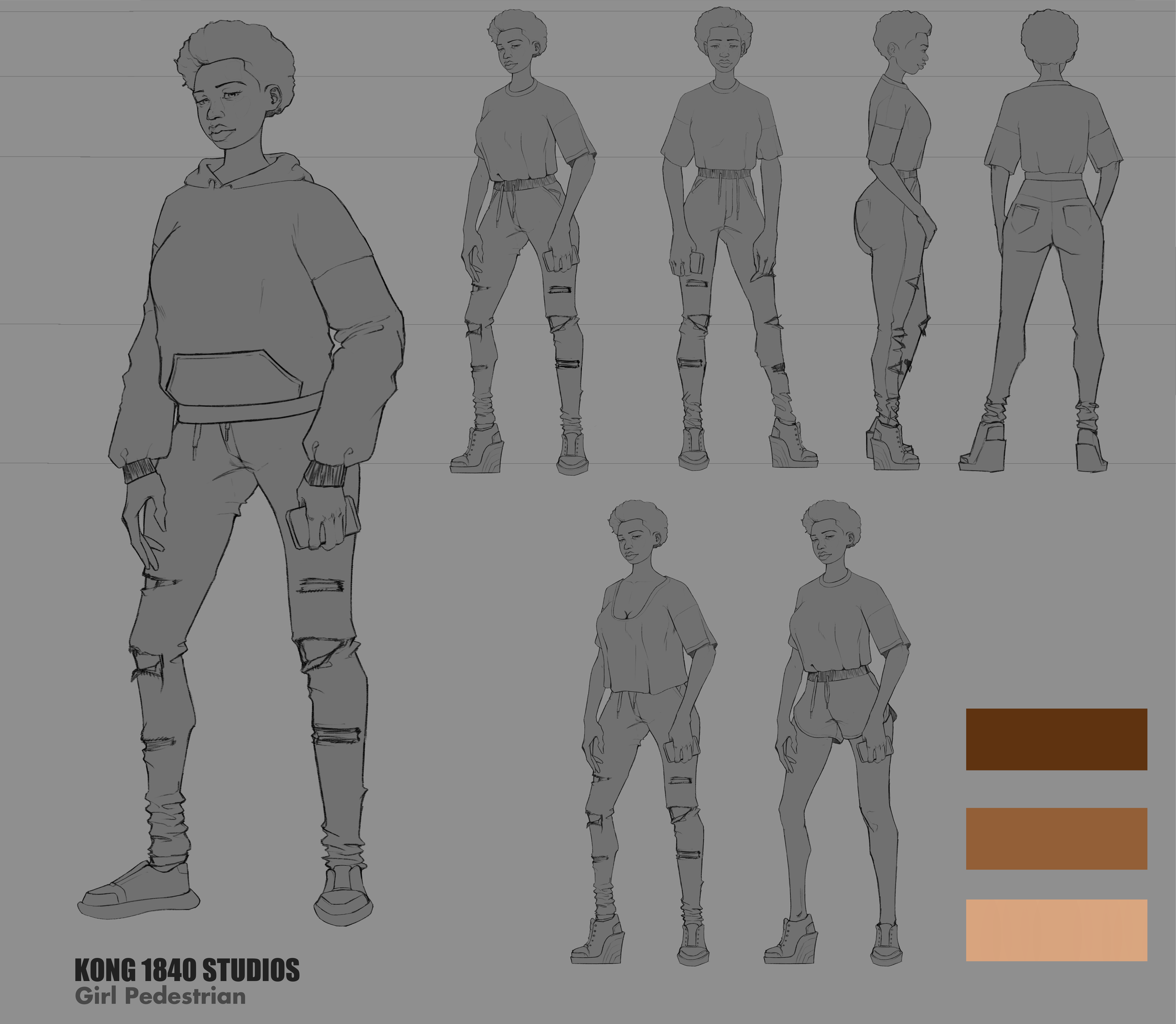 Sketch of a girl pedestrian character with multiple front and side profile views, wearing casual clothing including a hoodie and ripped jeans, in a monochrome style with a color palette in the bottom right corner.