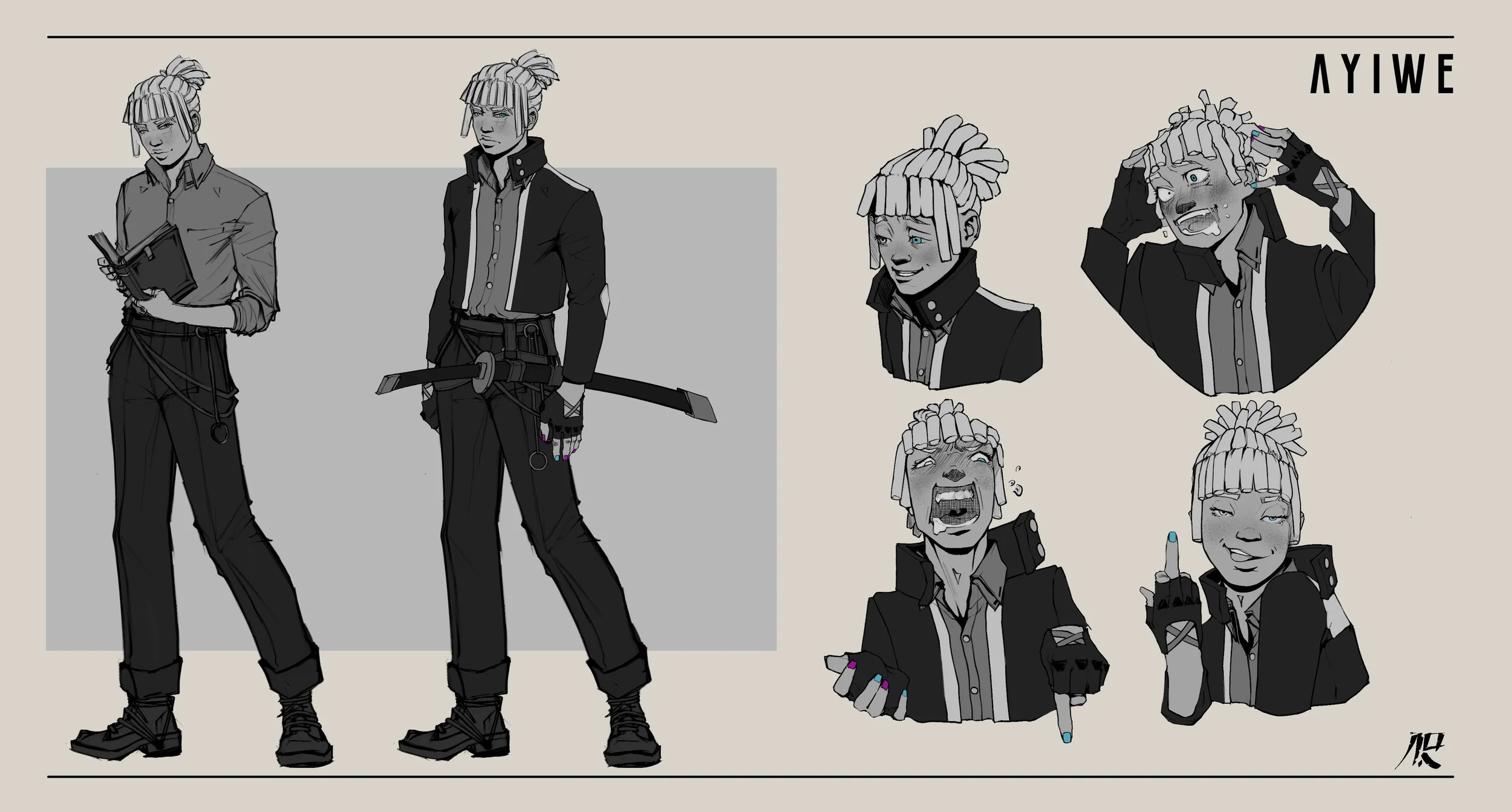 Character concept art of a person with dreadlocks, shown in full body and multiple emotion sketches. The character wears dark pants, a shirt, and gloves with nail polish. The sketches display different facial expressions and gestures.