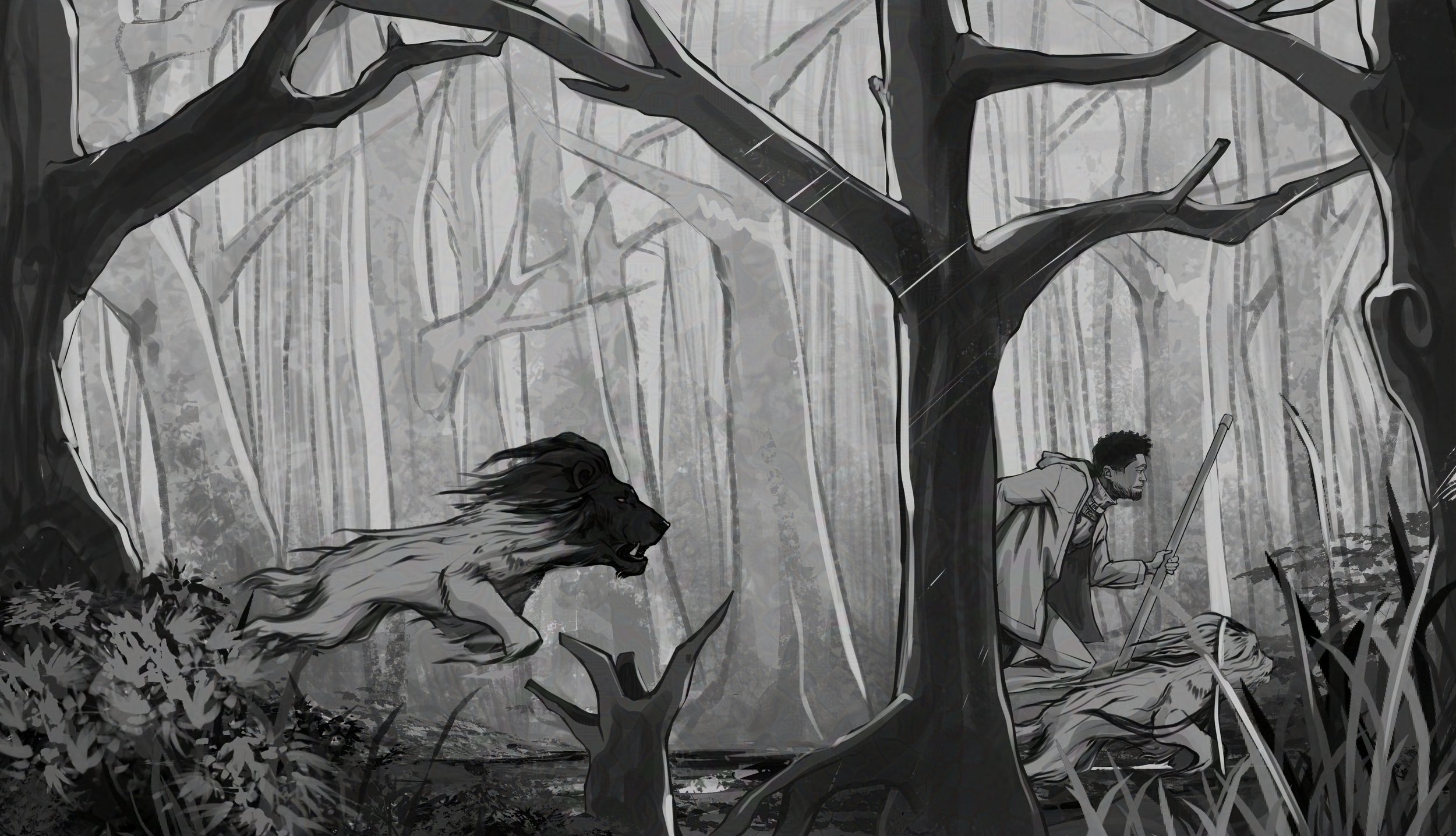 A black and white illustration of a forest scene 