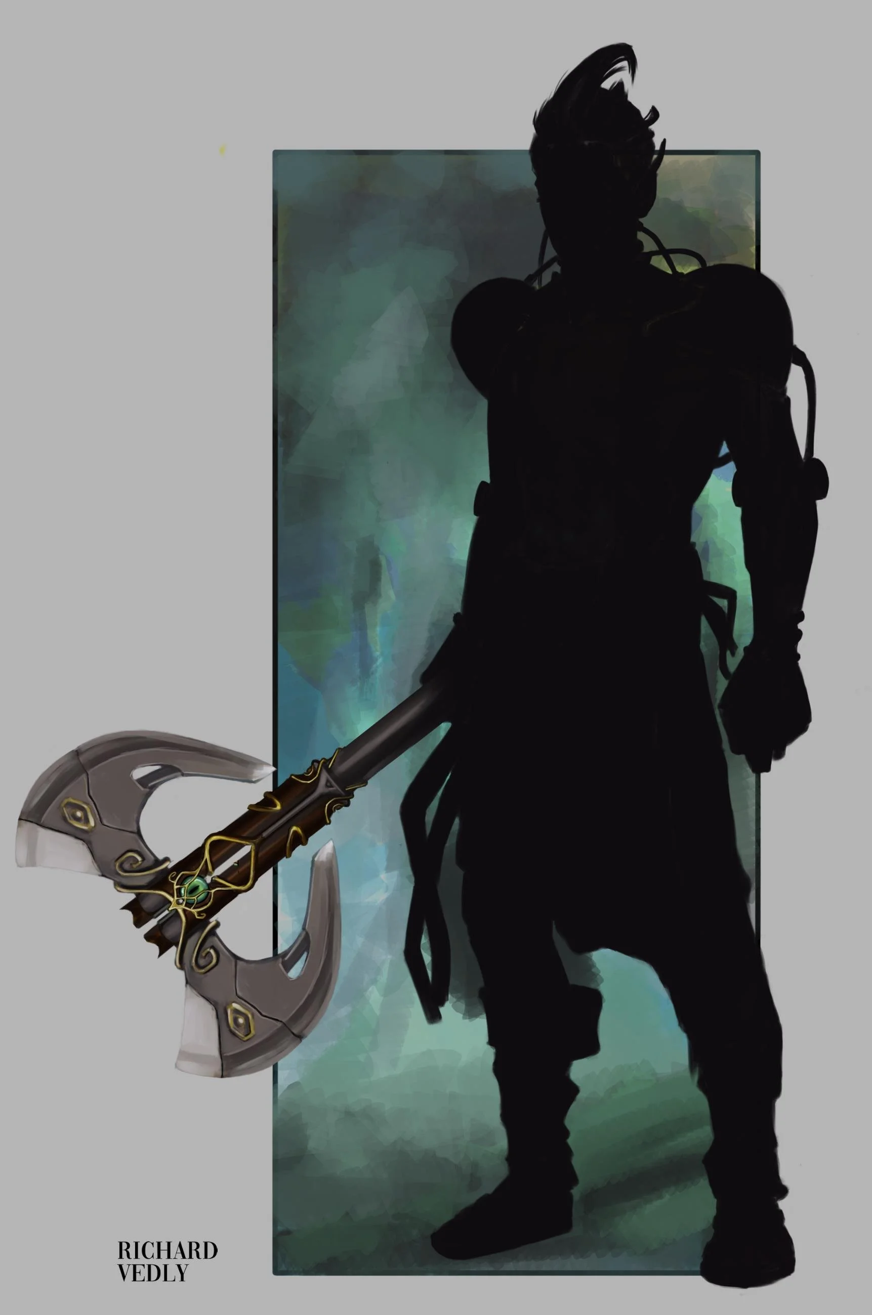 Silhouette of a character holding a large, ornate axe, set against a greenish, abstract background. The name "Richard Vedly" is in the lower left corner.