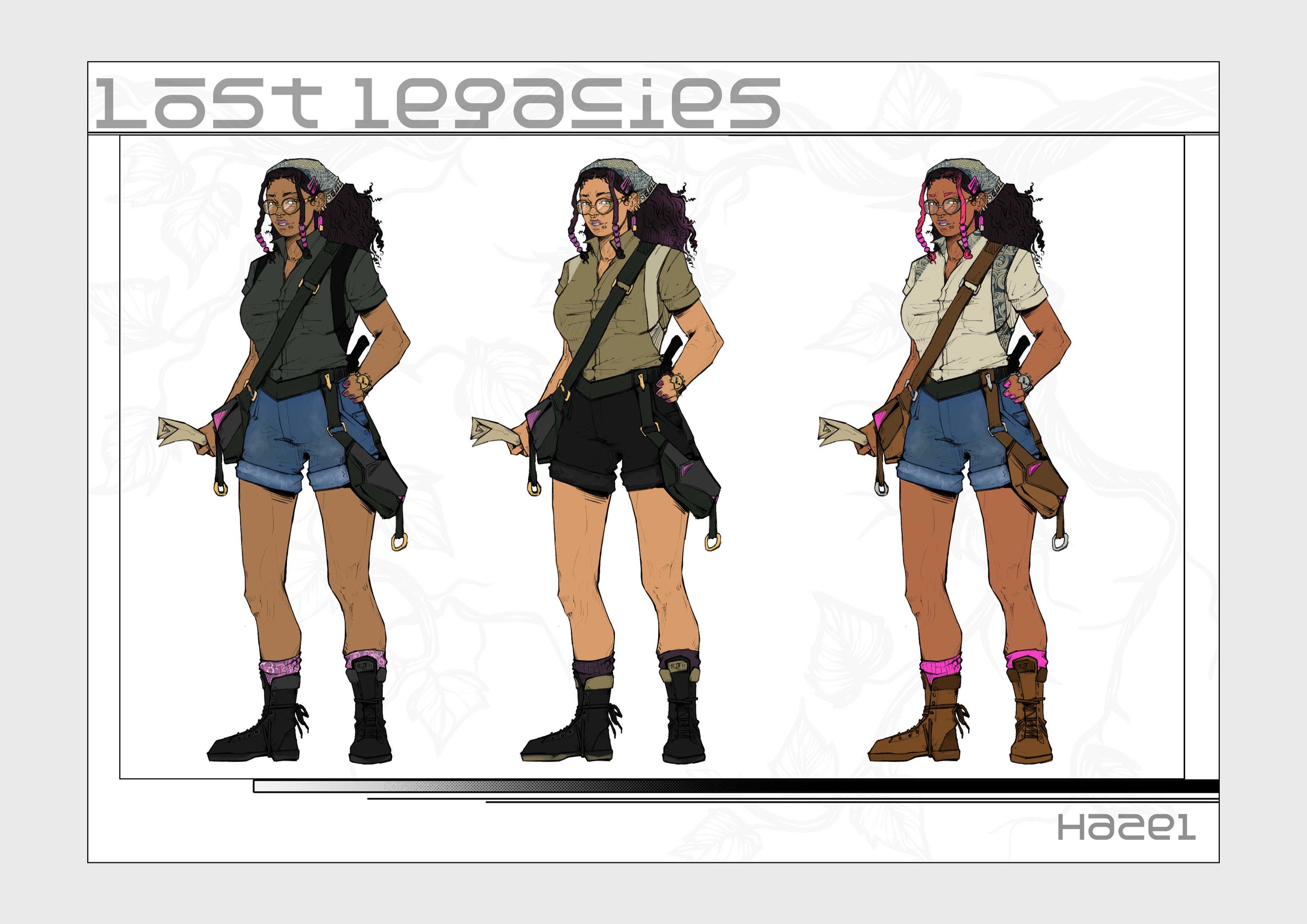 Illustration titled "Lost Legacies" showing three women standing side by side, each wearing shorts, a t-shirt, and hiking boots, with backpacks and accessories. The women have similar hairstyles and glasses, styled differently in each depiction.