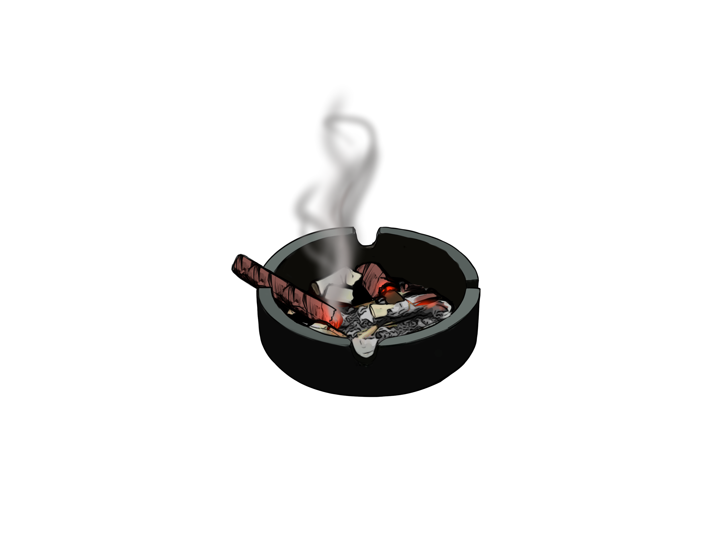 An ashtray containing a burned cigarette and ashes, with smoke rising from the cigarette.