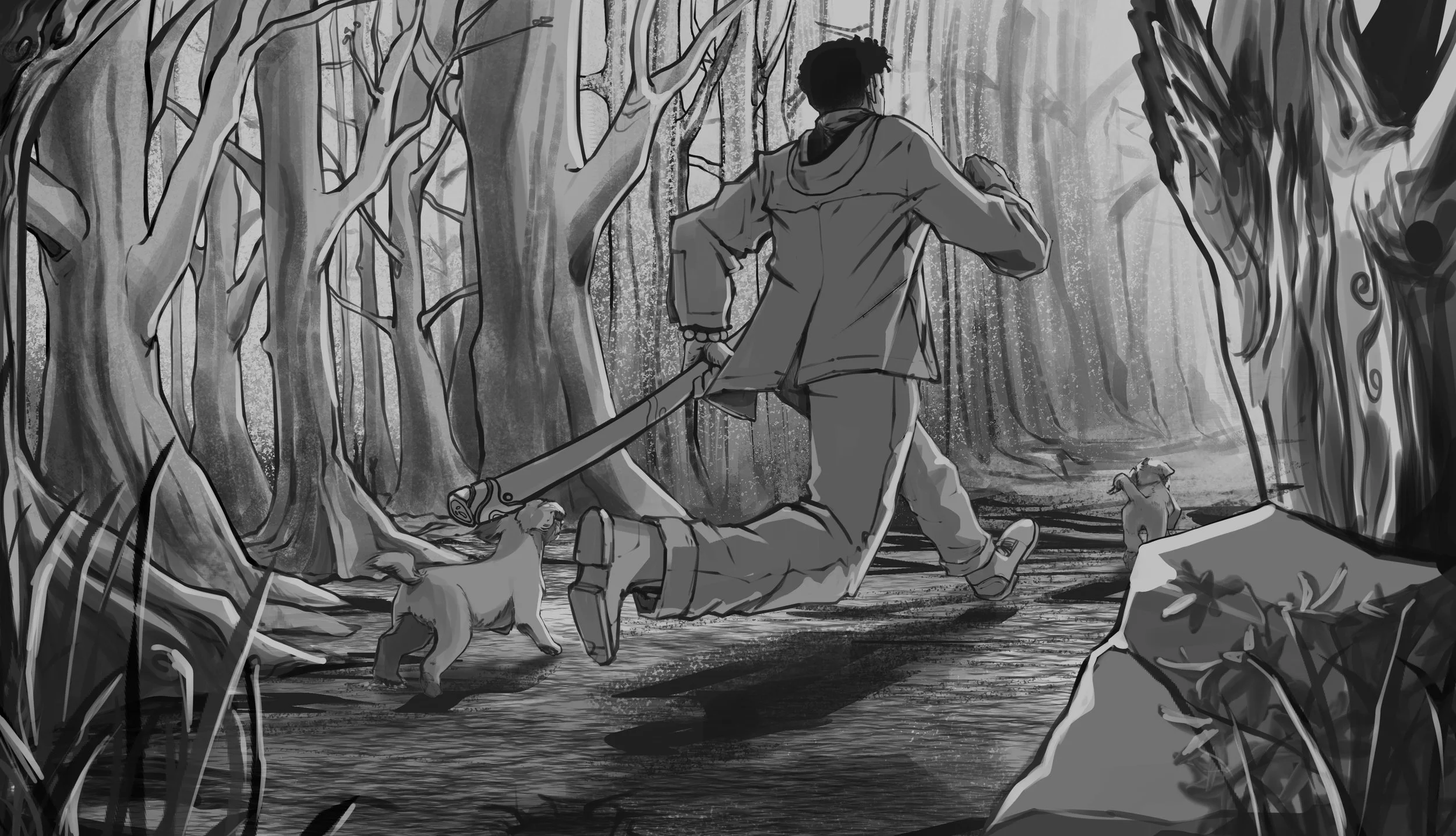 A person running through a dense, twisted forest with two dogs following behind. The scene is grayscale, showing tall, gnarled trees with intricate bark patterns.