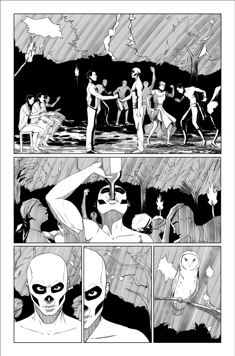 A black and white illustration depicting a voodoo ceremony scene . There are trees and an owl in the background, and the scene has a dark, mystical atmosphere.