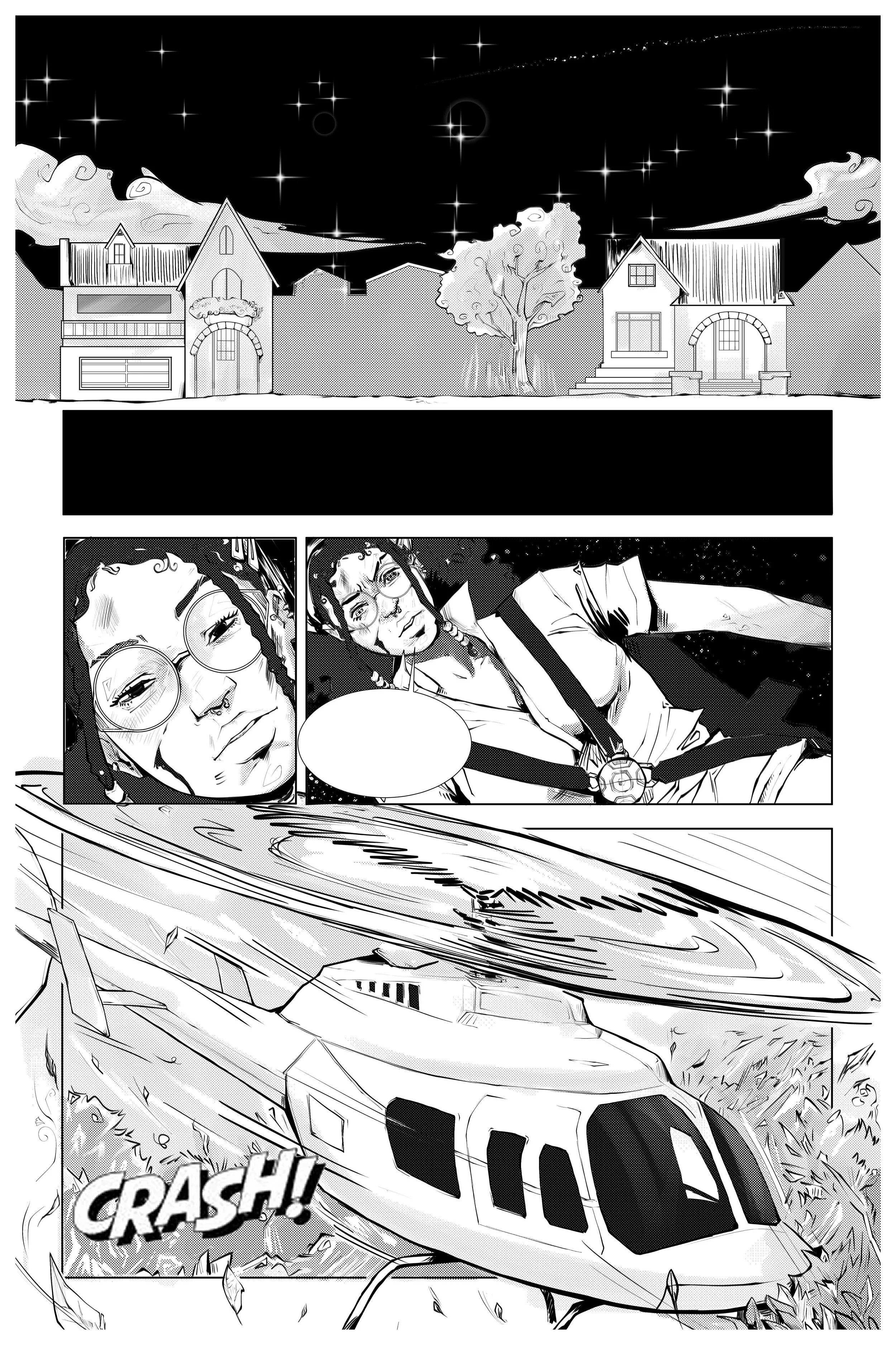 A comic book scene showing the night sky with stars and clouds, a helicopter crashing into trees