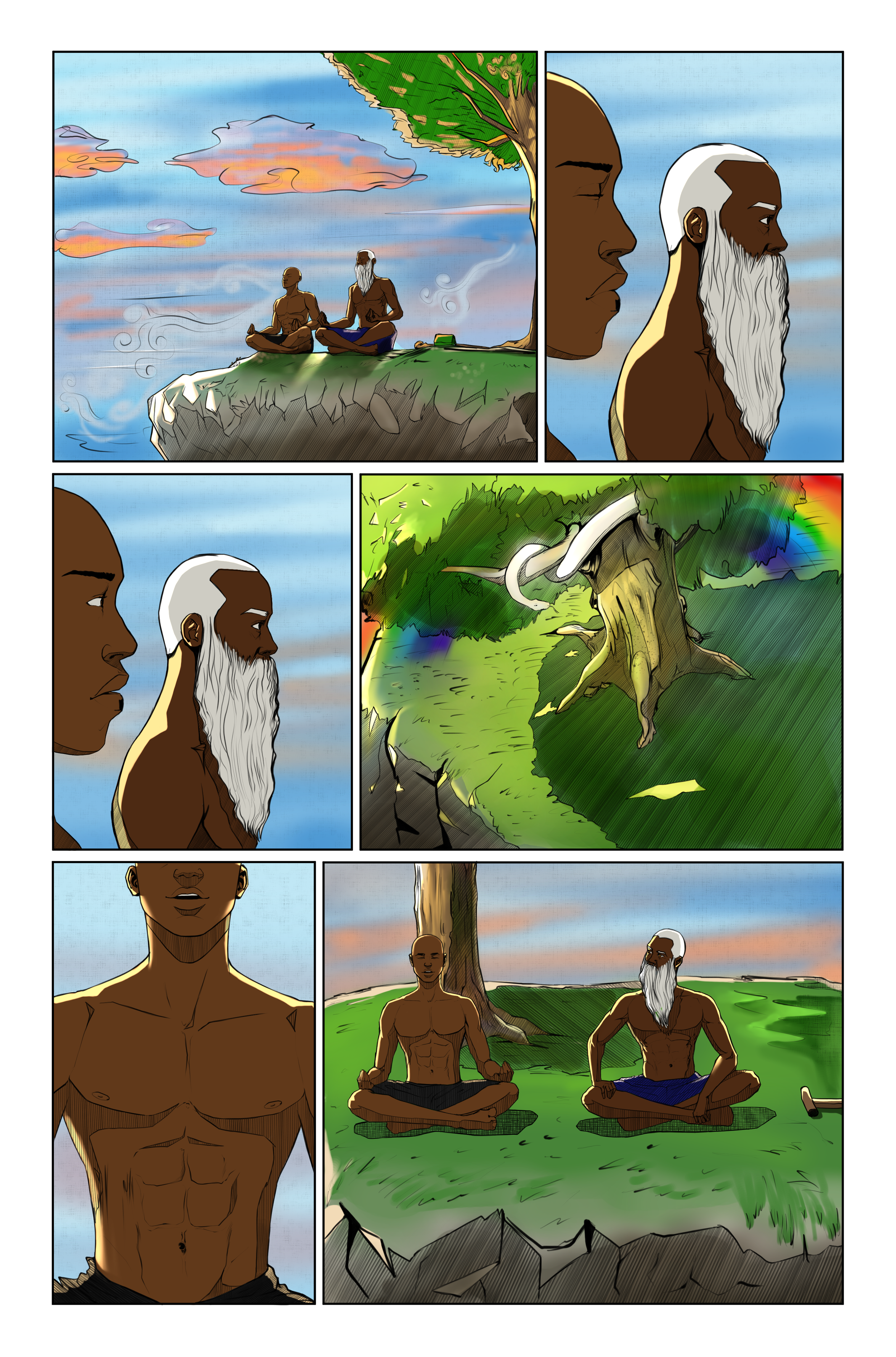 legba and Barren meditate on a cliff overlooking water at sunset, with a rainbow-colored mist nearby, and a snake in the trees. 