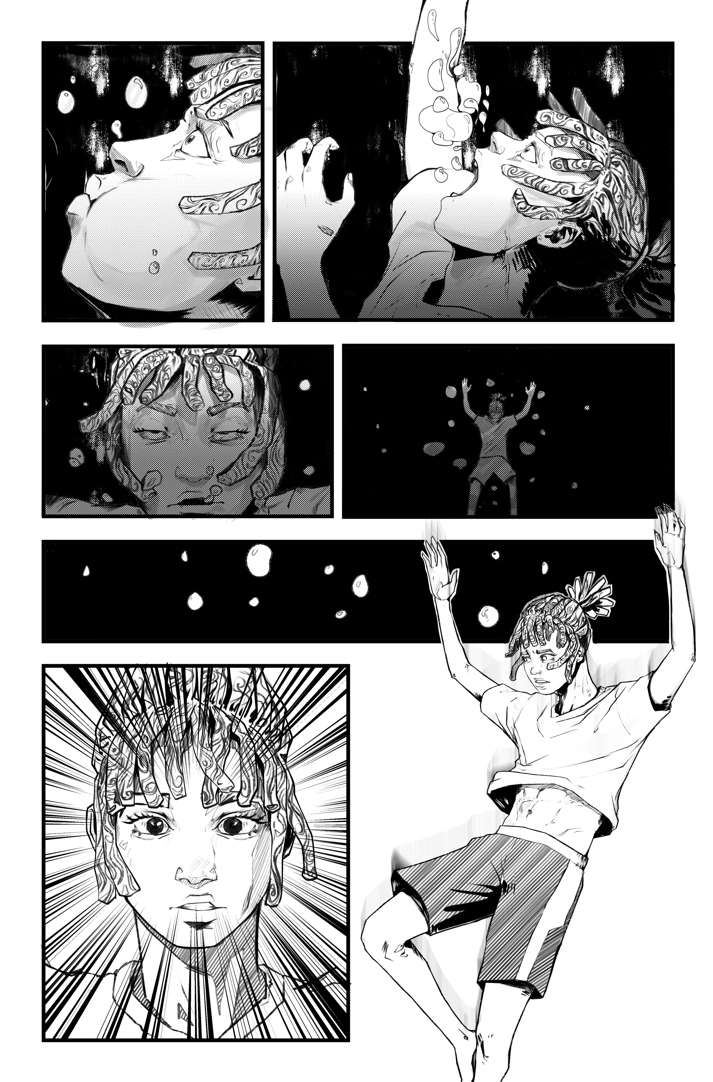 A comic-style black-and-white manga page depicting a person underwater, drowning