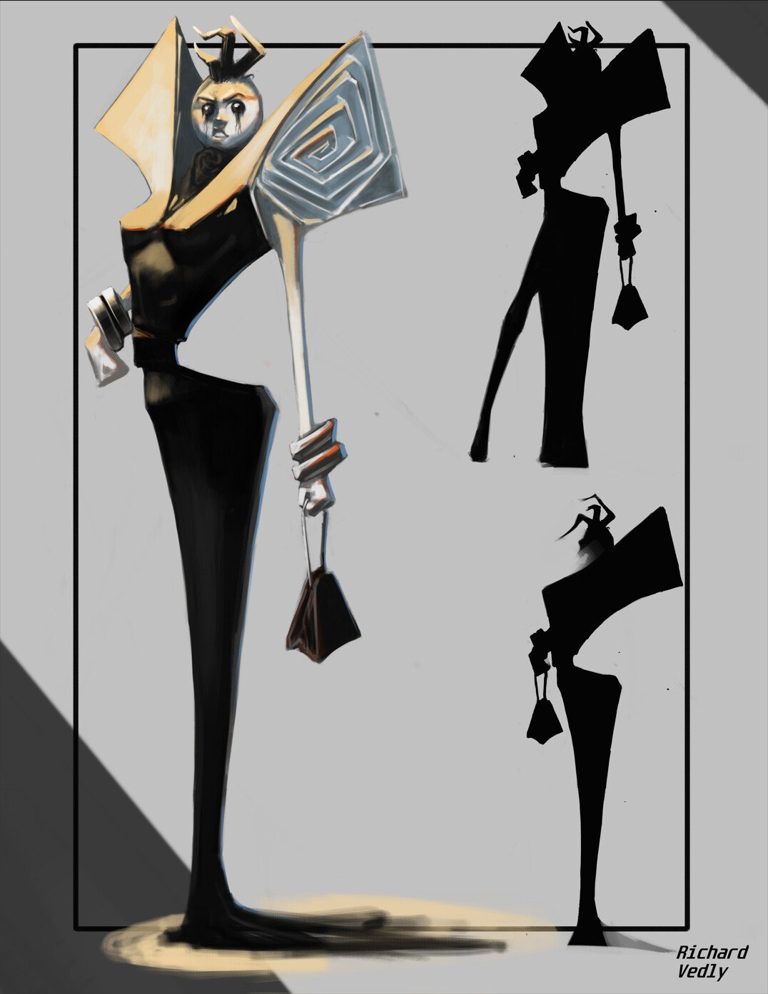 A stylized, abstract man with a sad face holding an umbrella, standing next to a black silhouette of a woman with a large umbrella, all set against a gray background with shading and shadow effects.