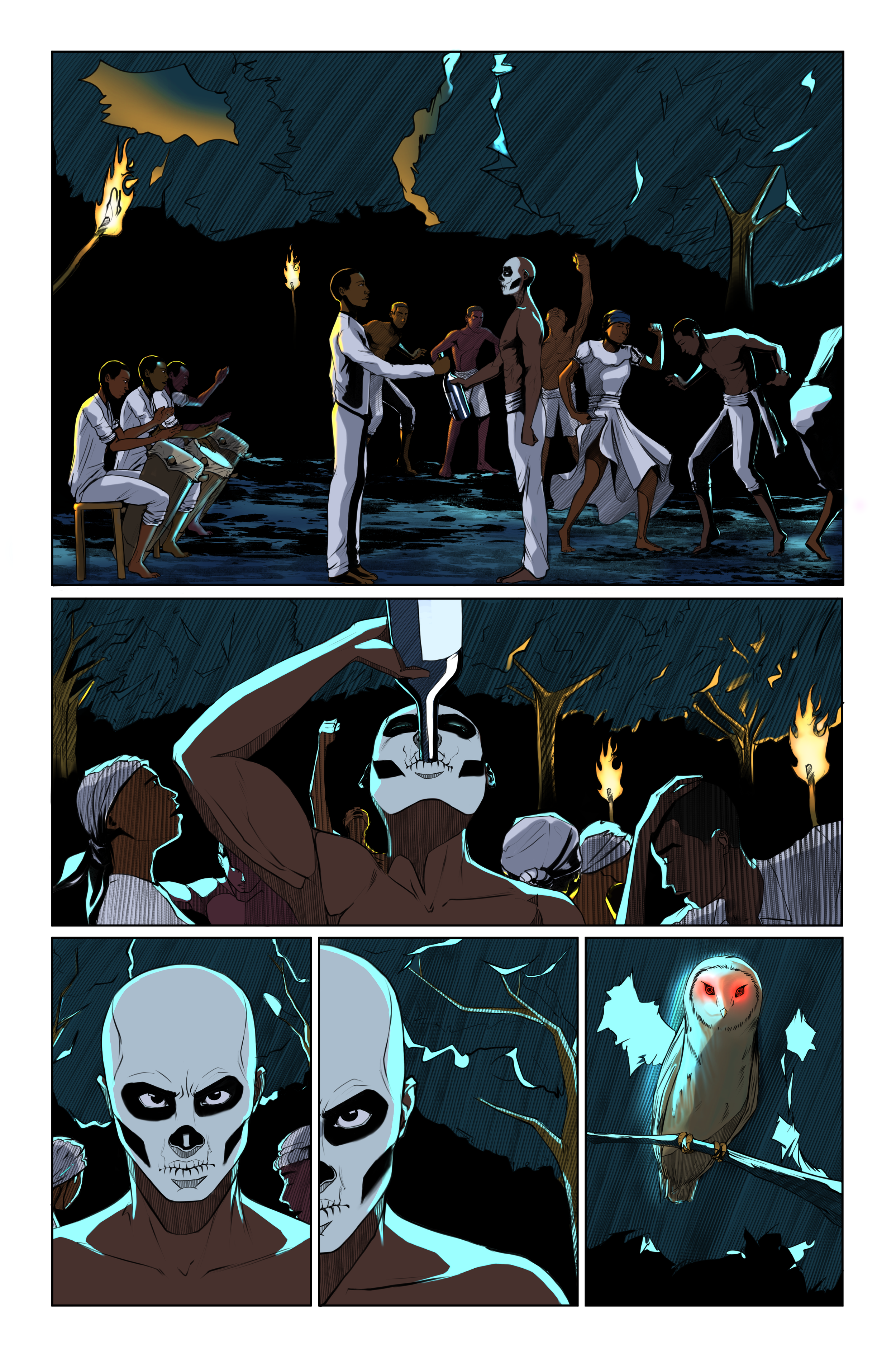 A scene depicting a ceremonial gathering in a dark forest with torches, where people are performing a ritual involving dance, offerings, and a skull-painted figure. The scene also includes a person drinking from a bottle and an owl with glowing red e