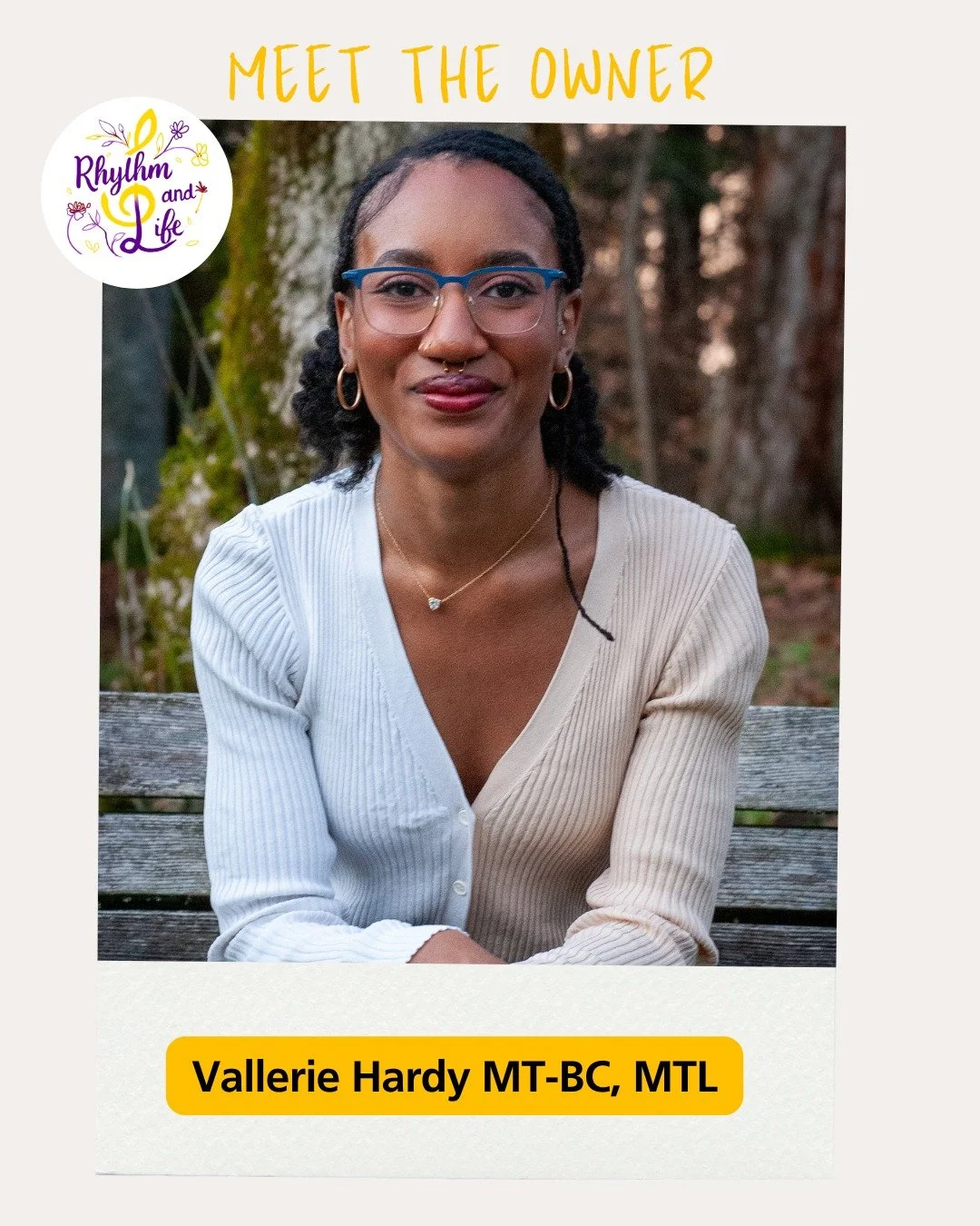 Hey, I&rsquo;m Vallerie Hardy, owner of Rhythm and Life LLC 🎶
My aim is to promote confidence throughout the therapy journey and welcome you to find your rhythm in life alongside me. I believe music is an intrinsic part of life. Whether you&rsquo;re