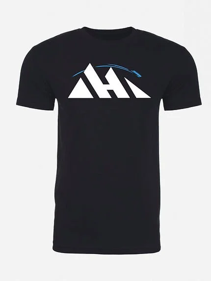Black T-shirt with a white geometric logo and a blue curved line on the front.