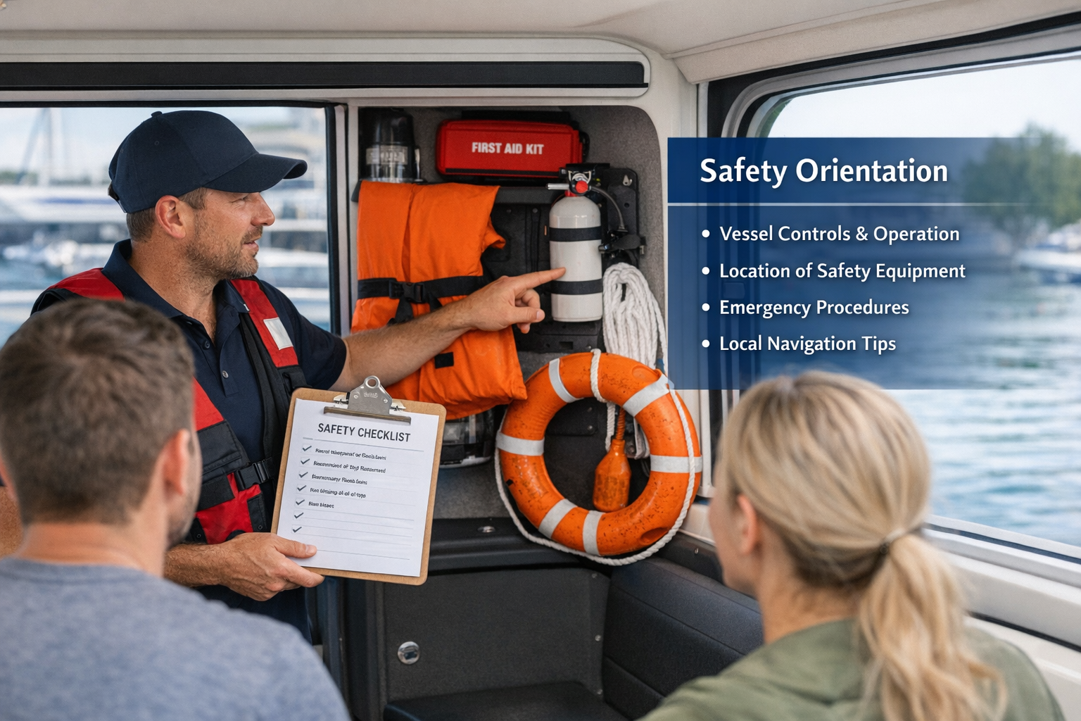 A safety instructor on a boat giving a safety orientation to passengers, pointing at safety equipment including a fire extinguisher and life-saving devices with a checklist in hand. The vessel's interior features safety gear and a window overlooking the water.