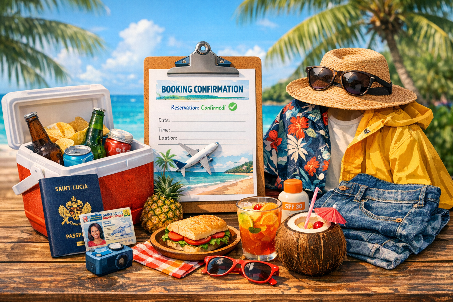 Beach vacation essentials including a cooler with drinks, a passport, sunglasses, a straw hat, a tropical cocktail in a coconut, a sandwich, pineapple, a drink with fruit, and a pair of red sunglasses with an ocean backdrop.
