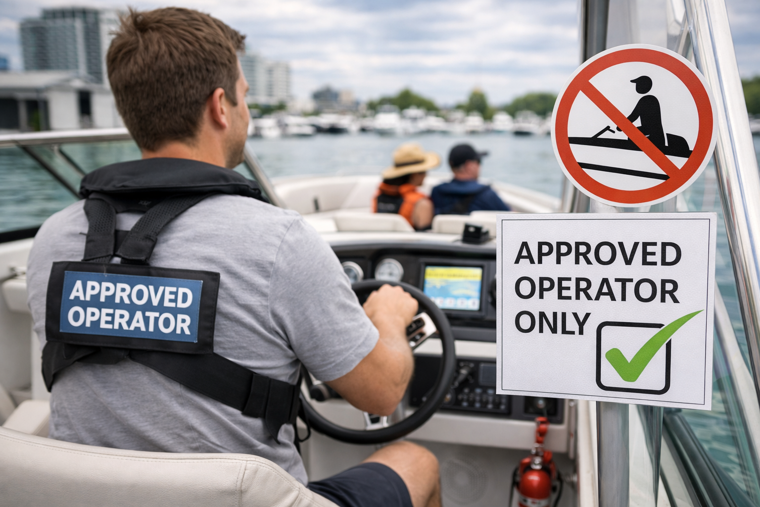 A man operating a boat, wearing a vest labeled 'Approved Operator'. A sign on the boat indicates only approved operators can operate it and shows a symbol of a person boating with a red circle and line across it. The boat is on water with other boats and buildings in the background.