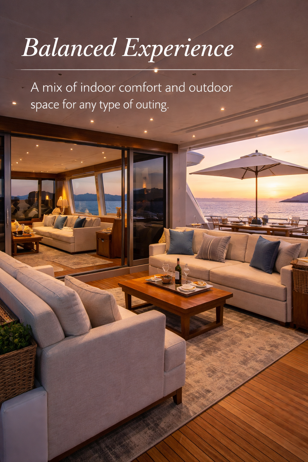 A luxurious yacht deck with a cozy outdoor lounge area, featuring beige sofas with blue and gray cushions, a wooden coffee table with wine and snacks, and a scenic sunset over the water with a table and umbrella in the background.
