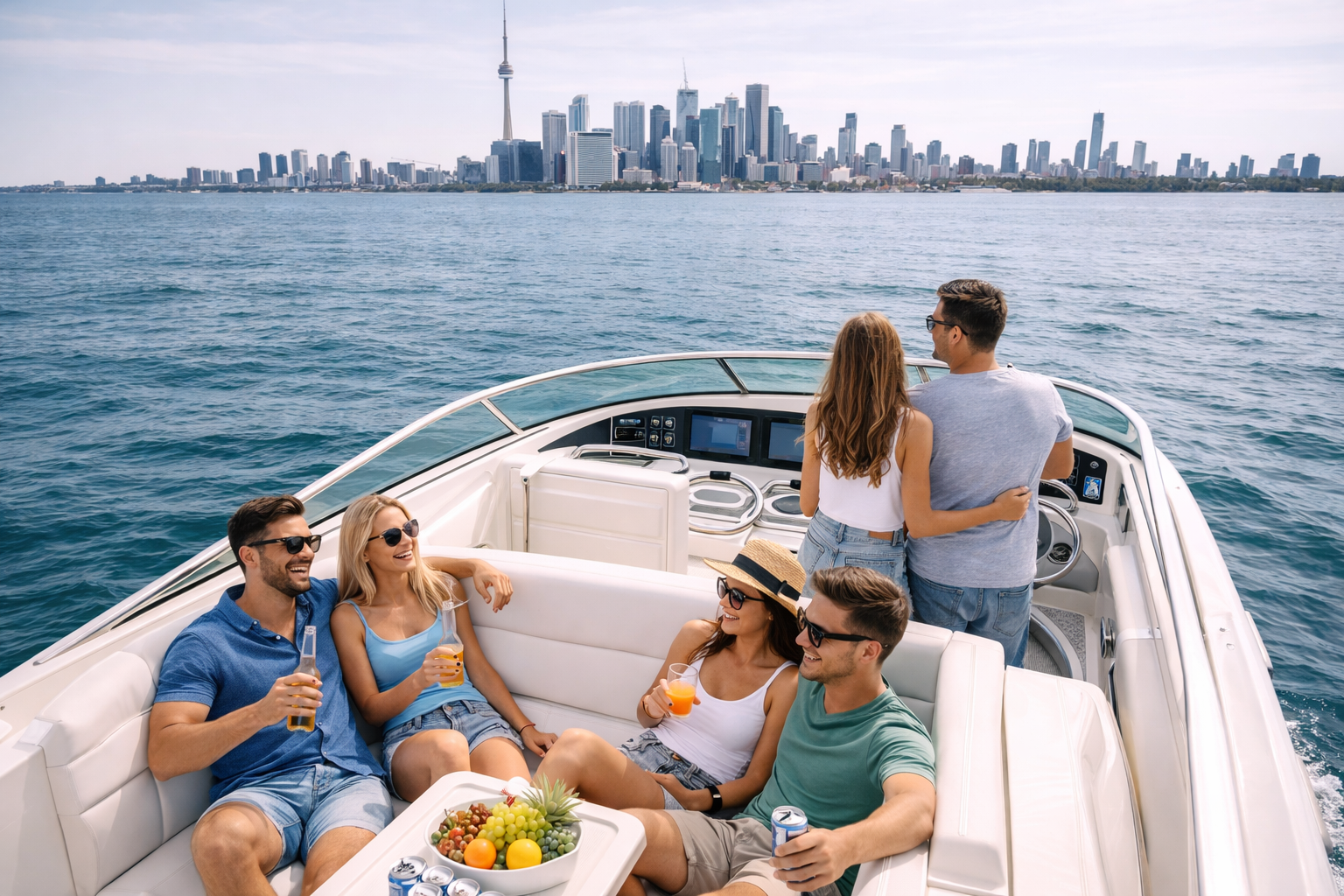 Group of five young adults on a yacht enjoying drinks with a city skyline in the background.