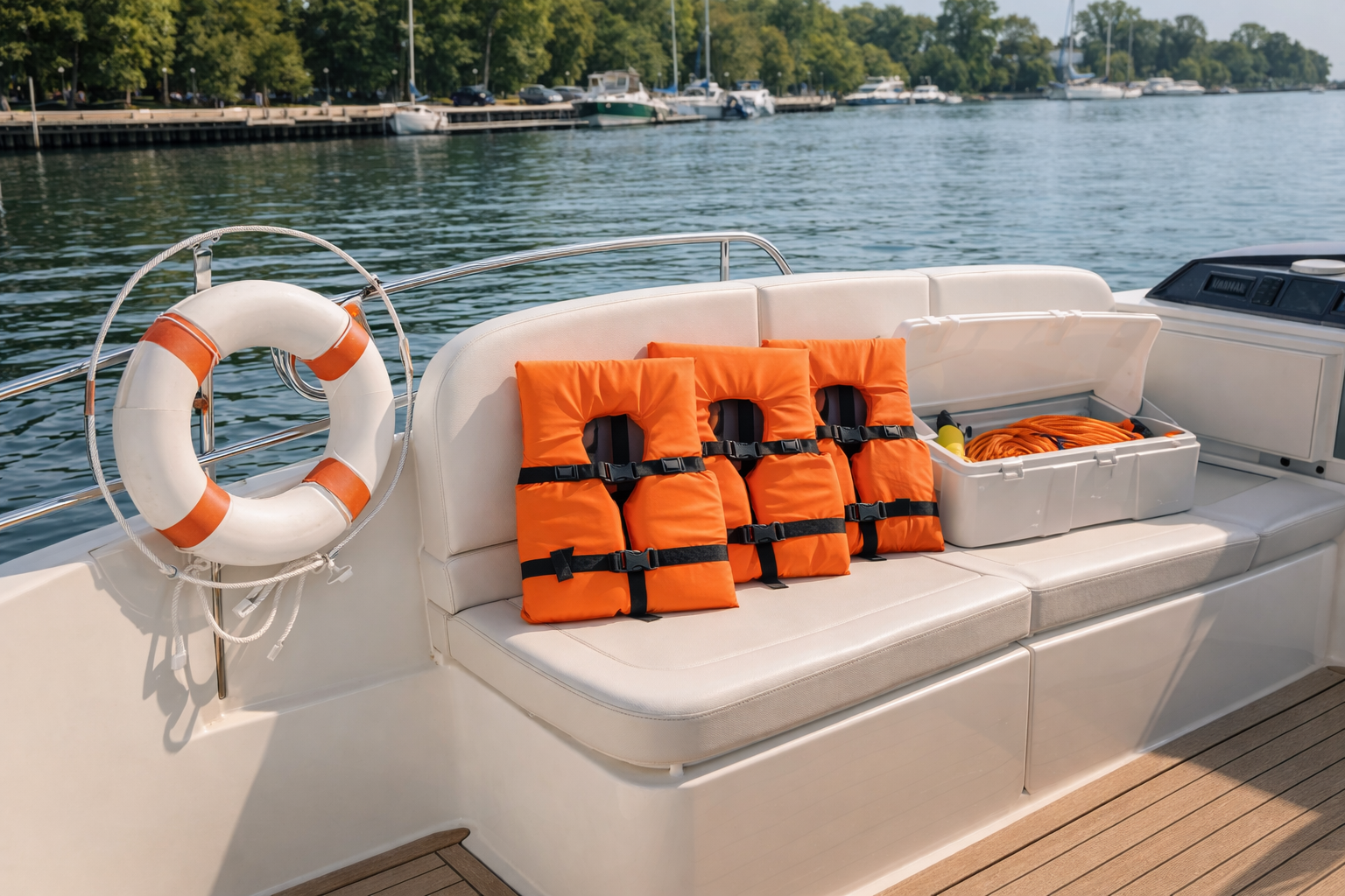 Orange life jackets and a container with a rope on a white boat seat by the water, with boats and trees in the background.