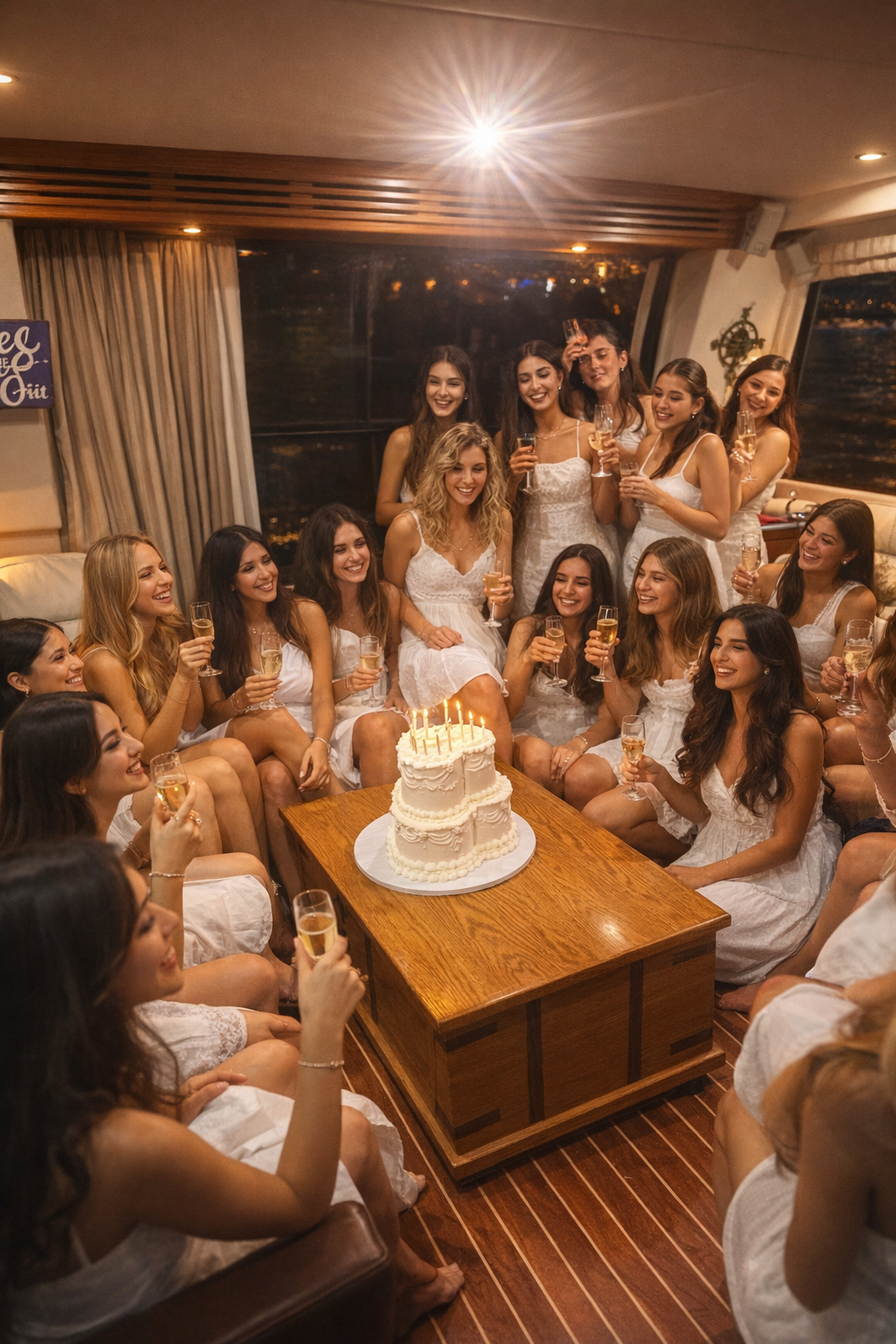 Group of women in white dresses celebrating a birthday with a multi-tiered cake and champagne in a warmly lit room with large windows at night.