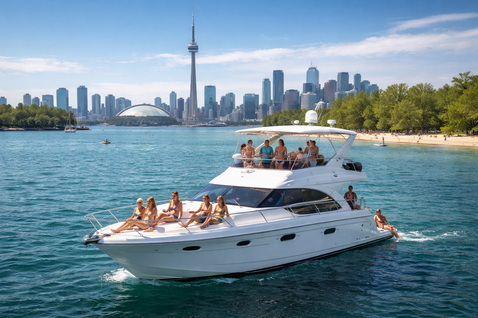 People relaxing on a white yacht in a city harbor with a skyline including a tall tower, and a park with trees along the water.