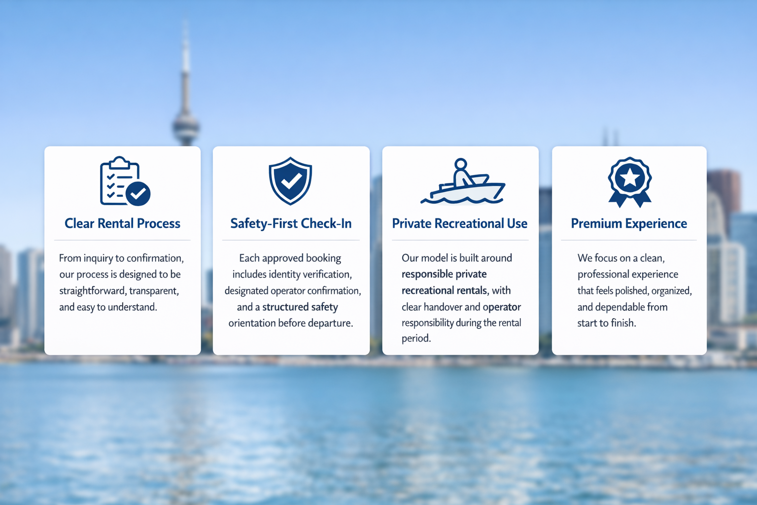 Information about rental process, safety checks, recreational use, and premium experience on a website with city buildings and water in the background.