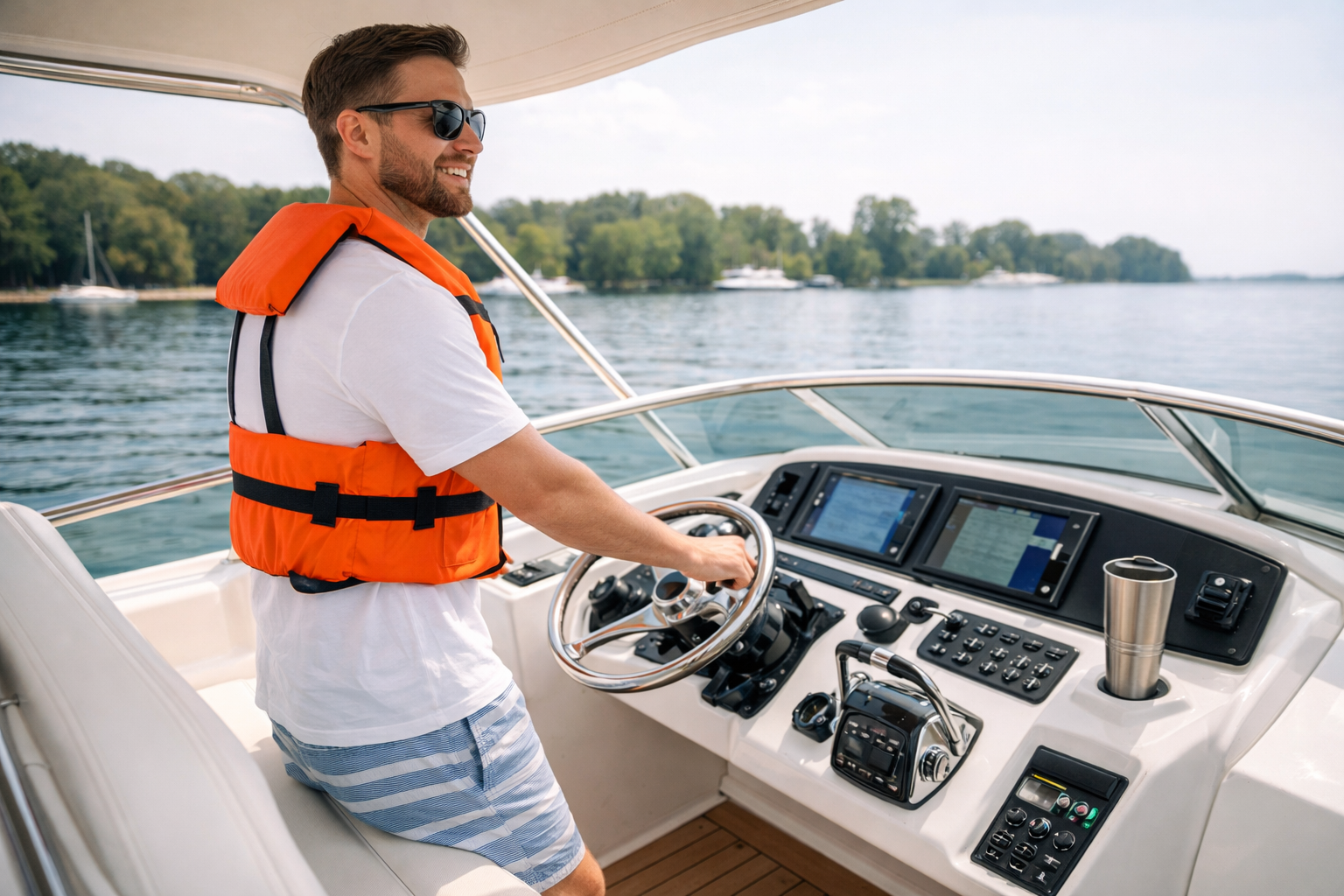 A man wearing sunglasses and an orange life jacket piloting a boat on a calm lake with a tree-lined shoreline in the background.