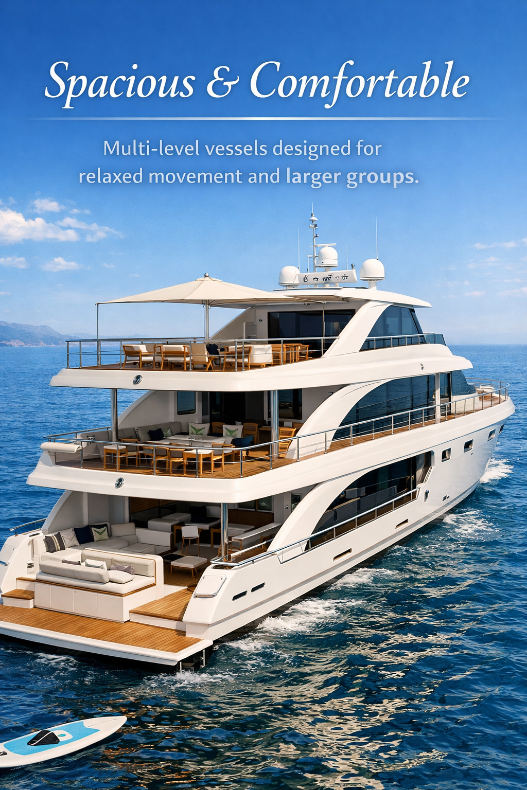 A large white luxury yacht with multiple decks on clear blue water, featuring outdoor seating areas, sunbathing space, and a covered upper deck, with a paddleboard nearby.