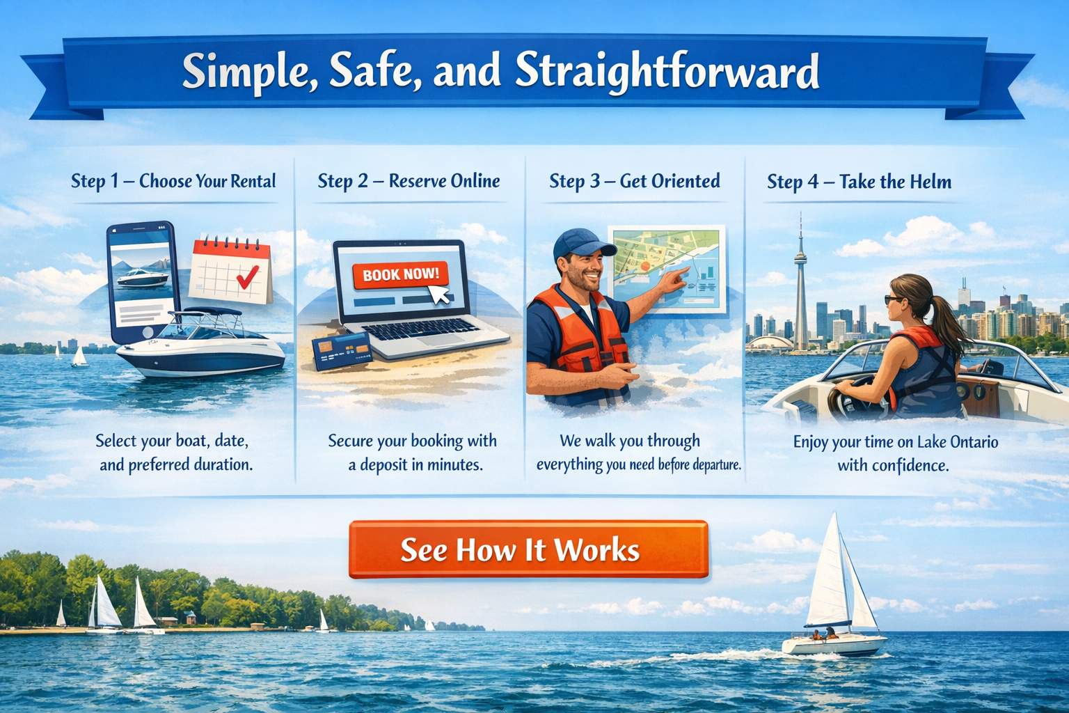 A step-by-step guide on renting a boat on Lake Ontario with images of boats, online booking, a person pointing at a map, and a woman driving a boat with the Toronto skyline in the background.