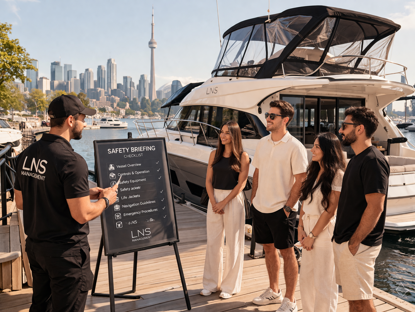 Group of four young adults attending a safety briefing on a dock with a yacht, with city skyline and water in the background.