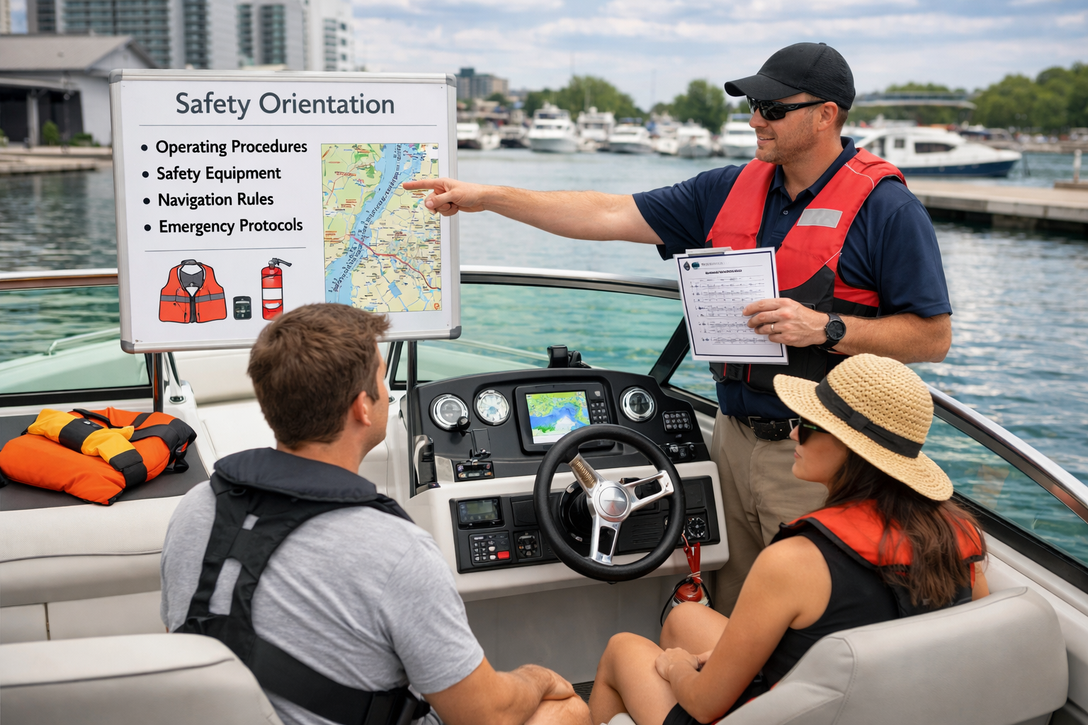 A boat safety instructor explains safety procedures to two passengers on a boat, with a safety orientation board, a map, and a marina with docked boats in the background.