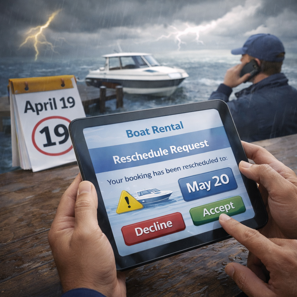 A person holds a tablet with a boat rental reschedule request, showing a new date of May 20, in front of a dock with boats and a stormy sky with lightning. In the background, a man on the phone is beside a thunderstorm over the water.