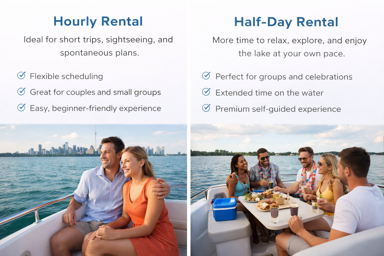 Comparison of hourly and half-day boat rentals with images of groups enjoying time on a boat.