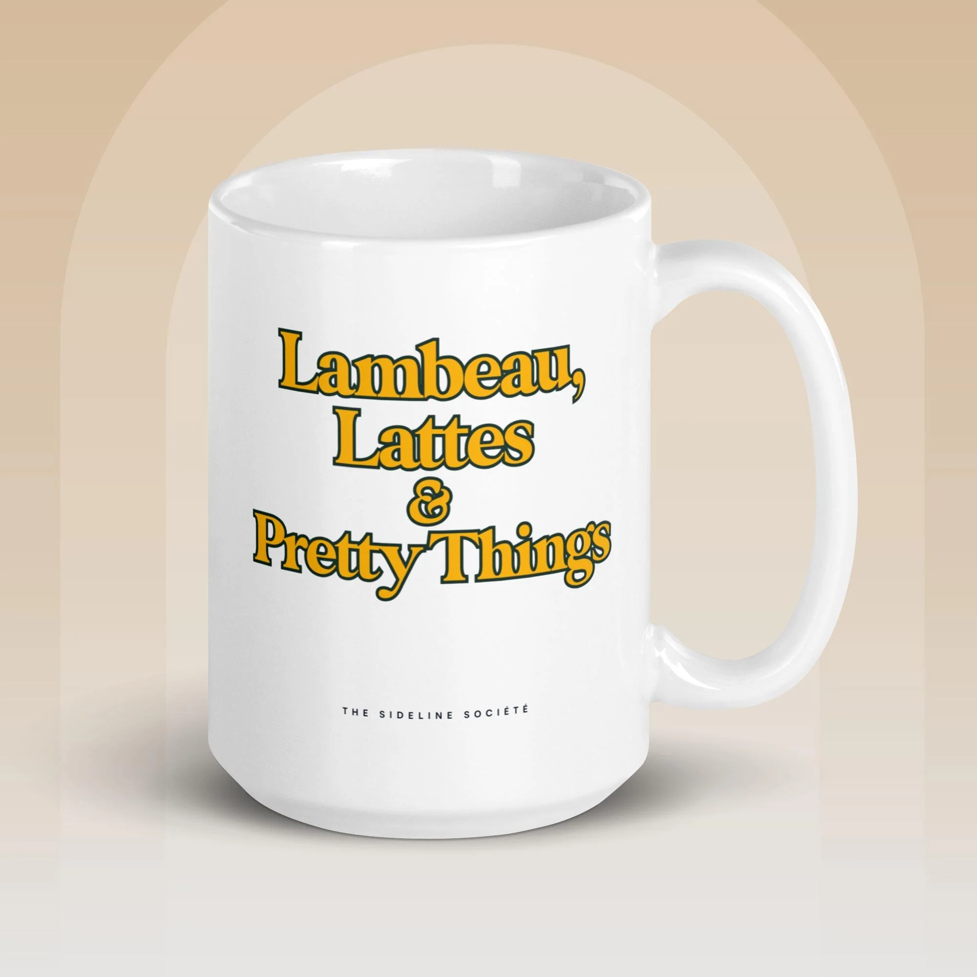 Lambeau, Lattes & Pretty Things ceramic coffee mug, Green Bay football fan gift, 15oz, dishwasher and microwave safe