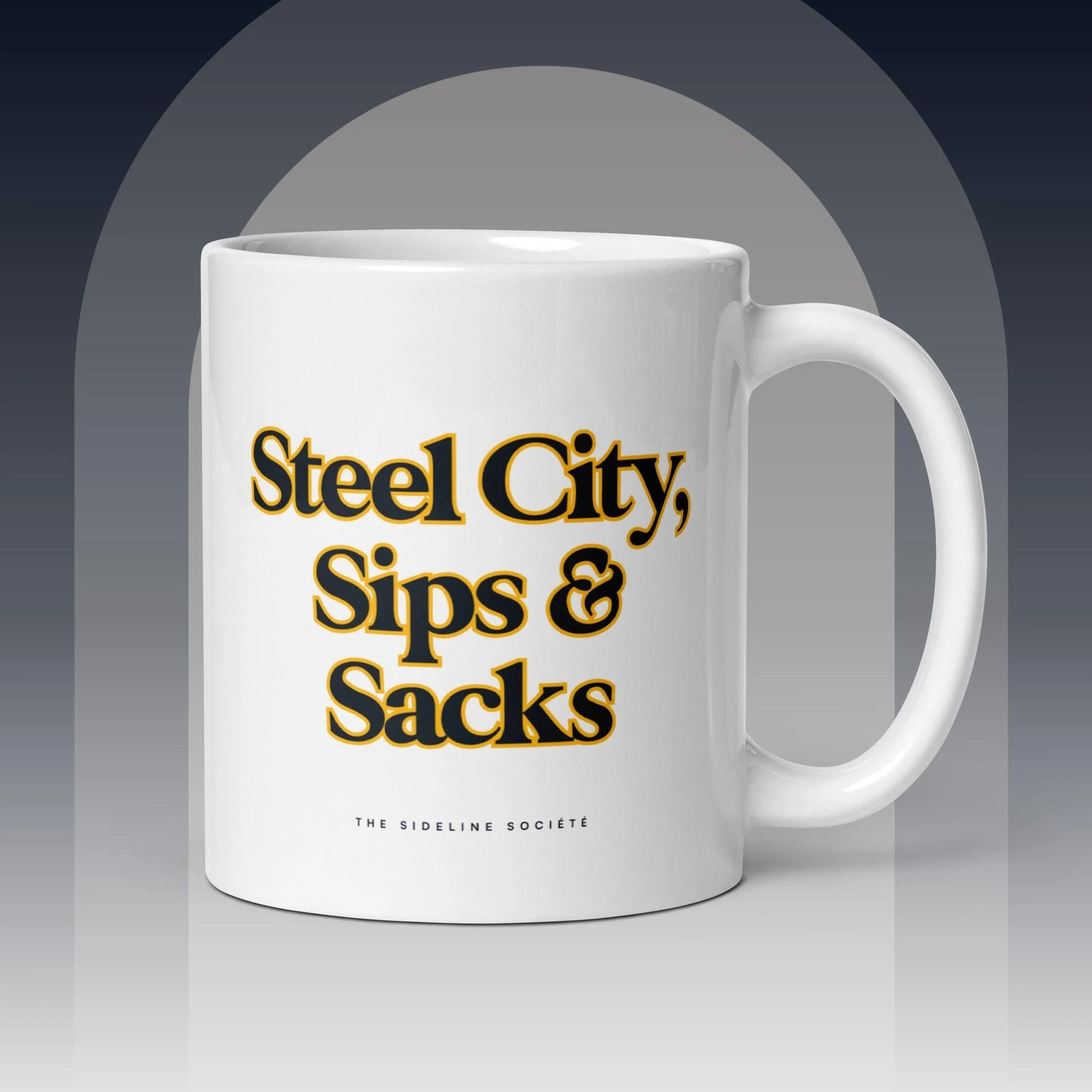 Steel City Sips and Sacks coffee mug in black and gold, Pittsburgh football fan mug, Sideline Société