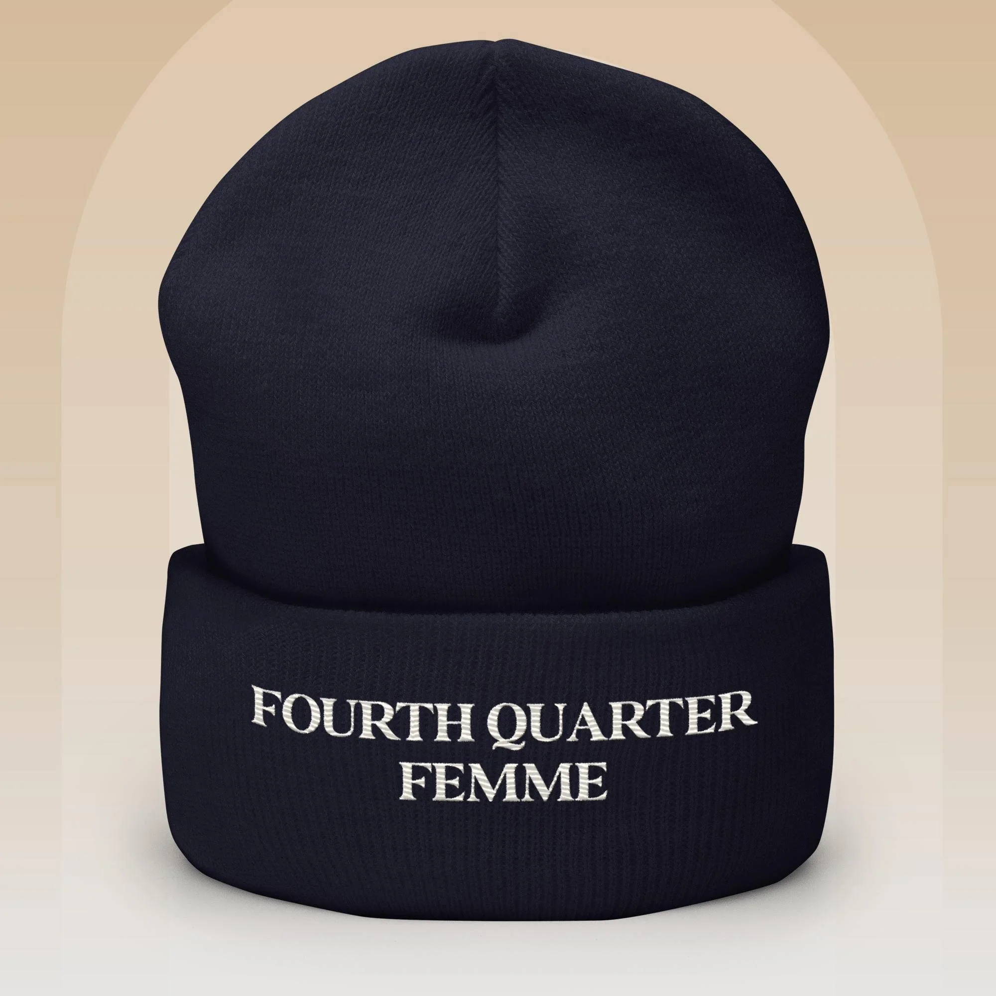 Navy cuffed knit beanie featuring embroidered ‘Fourth Quarter Femme’ by The Sideline Société.