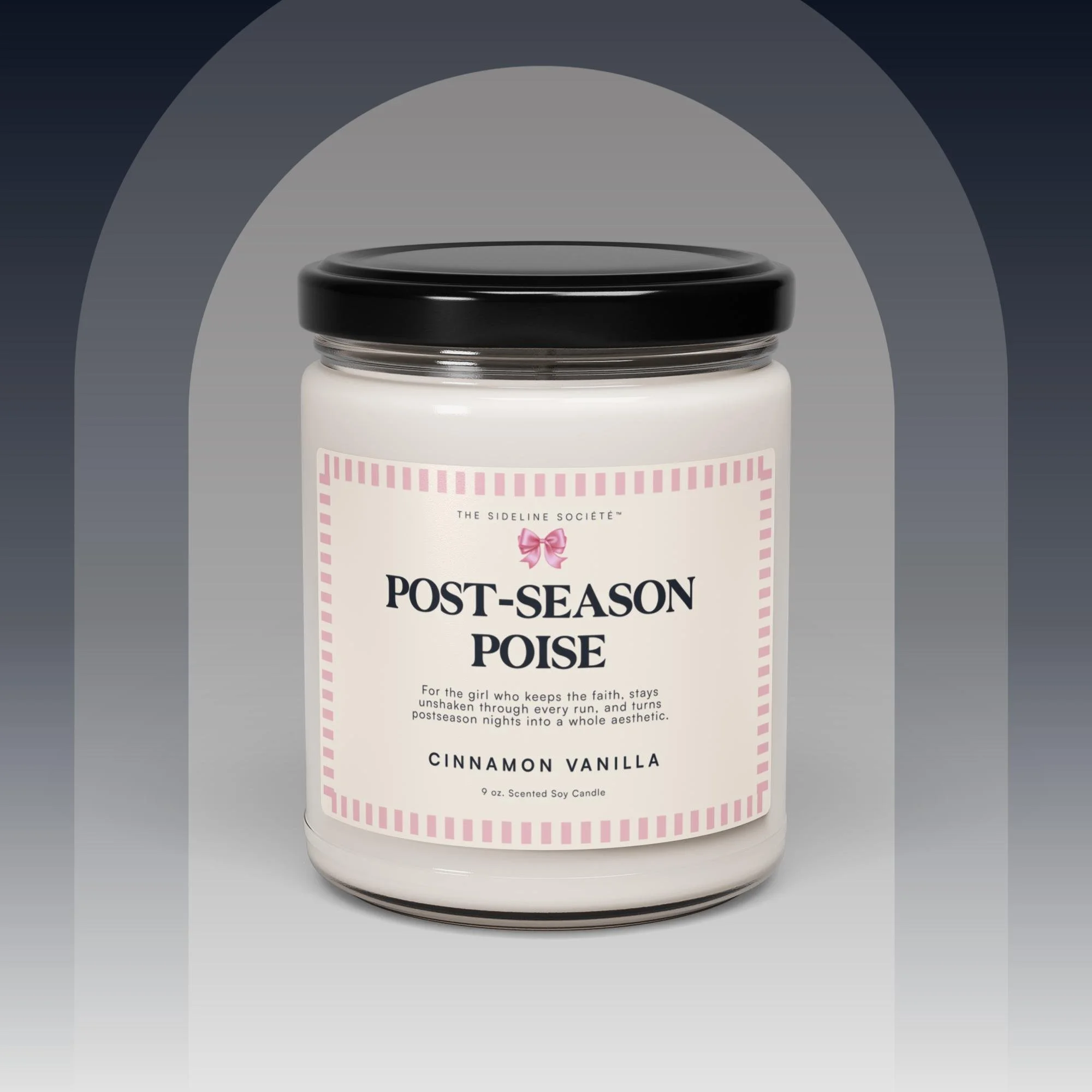 Post-Season Poise cinnamon vanilla soy candle by The Sideline Société in a glass jar with blush label.