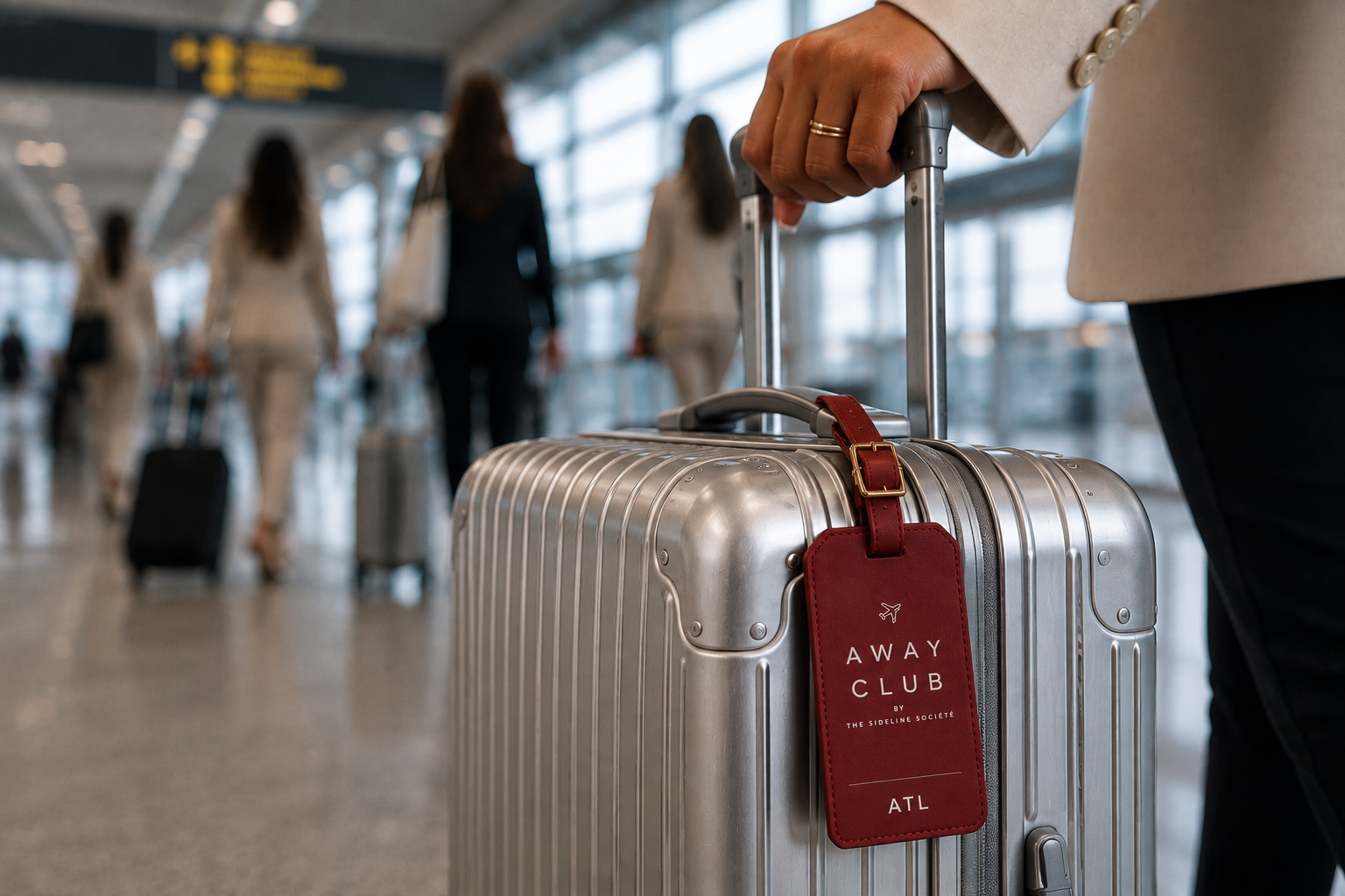 Close-up of a woman pulling a silver suitcase with a burgundy Away Club luggage tag through a modern airport terminal.