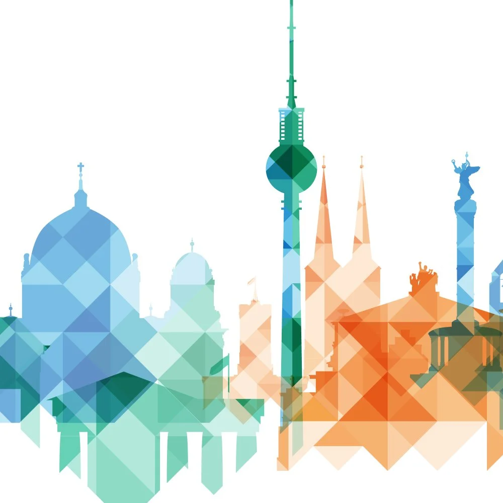 Abstract geometric illustration of Berlin's skyline featuring the Berlin TV Tower (Fernsehturm), historic churches, and the Victory column.