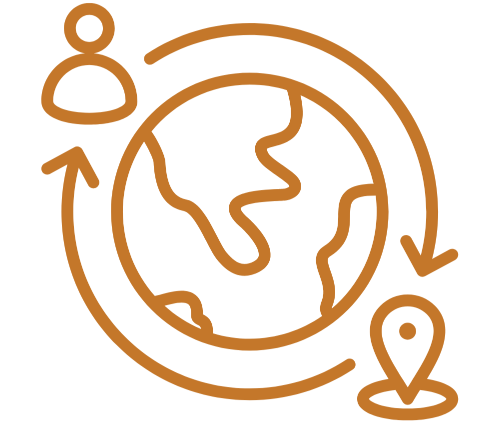 Line drawing of the Earth surrounded by arrows, with icons of a person and a location pin, representing global movement or travel.