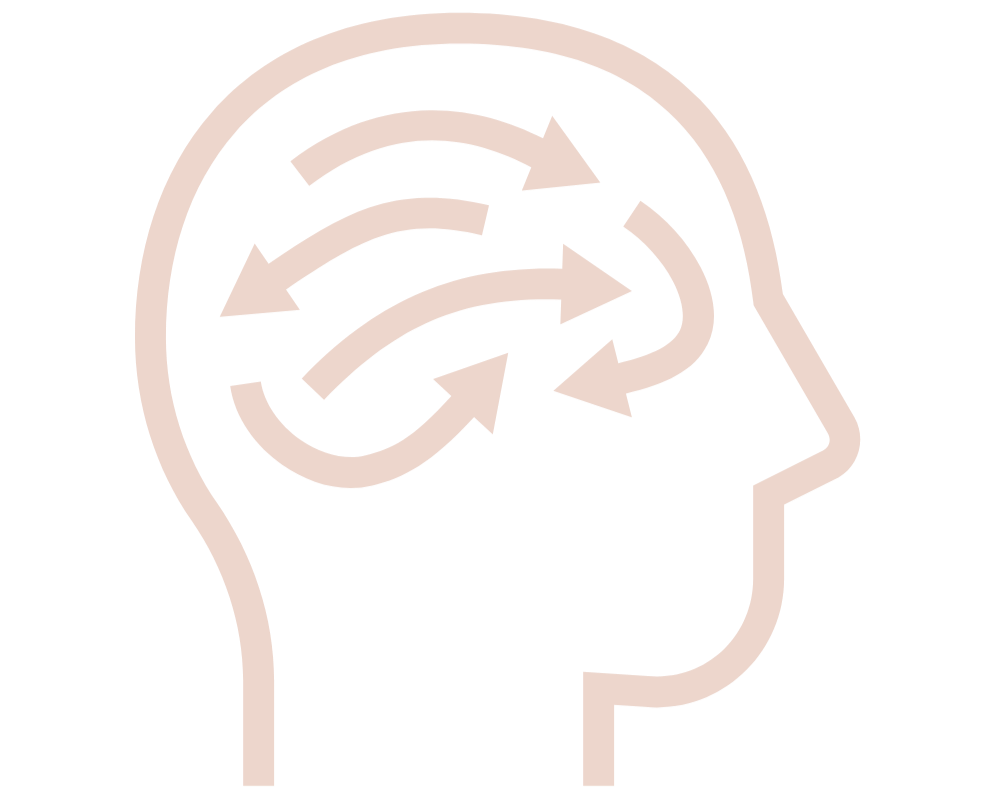 Stylized illustration of a human head in profile with arrows inside representing mental or cognitive processes.