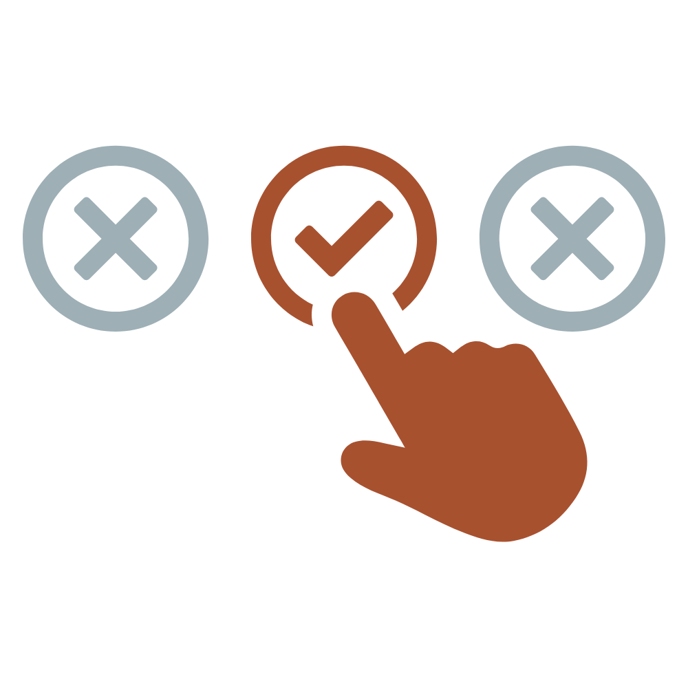 A hand pointing at a checkmark in the center, with two X marks on either side.
